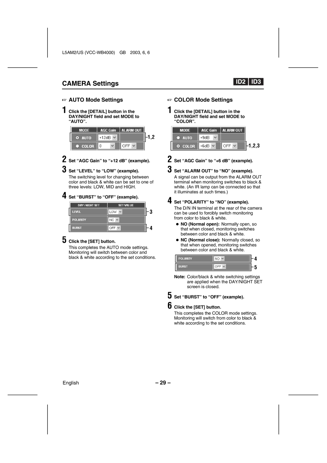 Sanyo VCC-WB4000 instruction manual Auto Mode Settings, Color Mode Settings, Set Burst to OFF example Click the SET button 