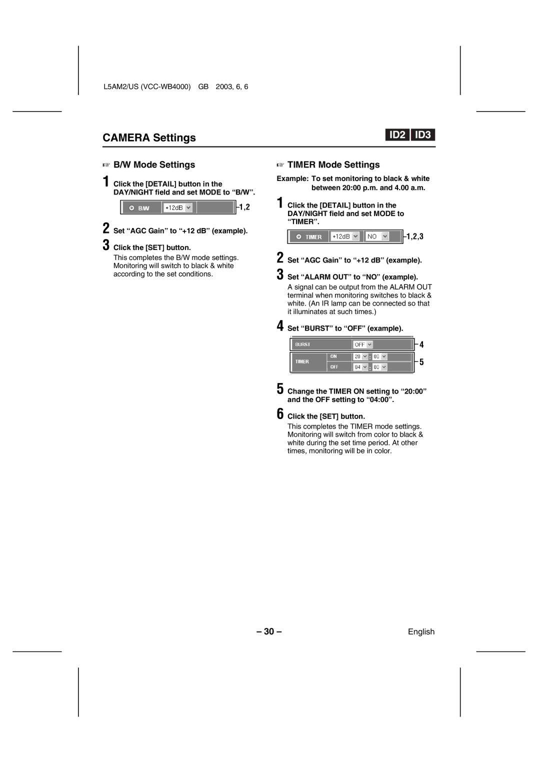 Sanyo VCC-WB4000 instruction manual Mode Settings, Set AGC Gain to +12 dB example Click the SET button 