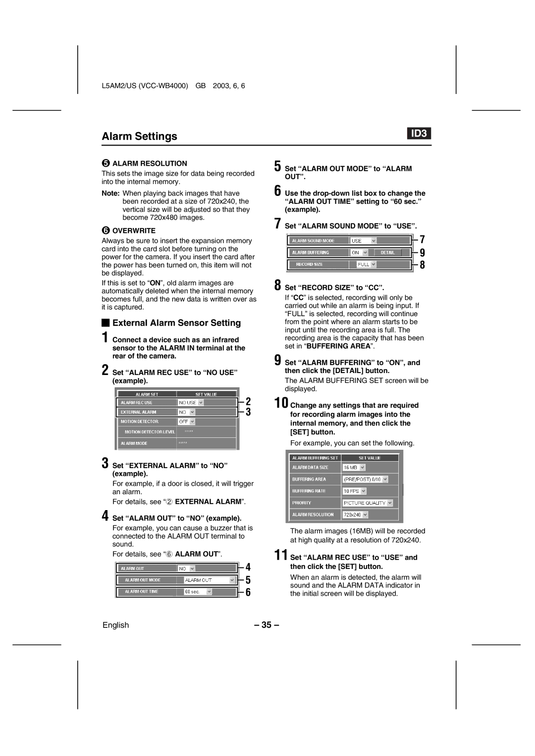 Sanyo VCC-WB4000 instruction manual External Alarm Sensor Setting, Alarm Resolution, Overwrite 