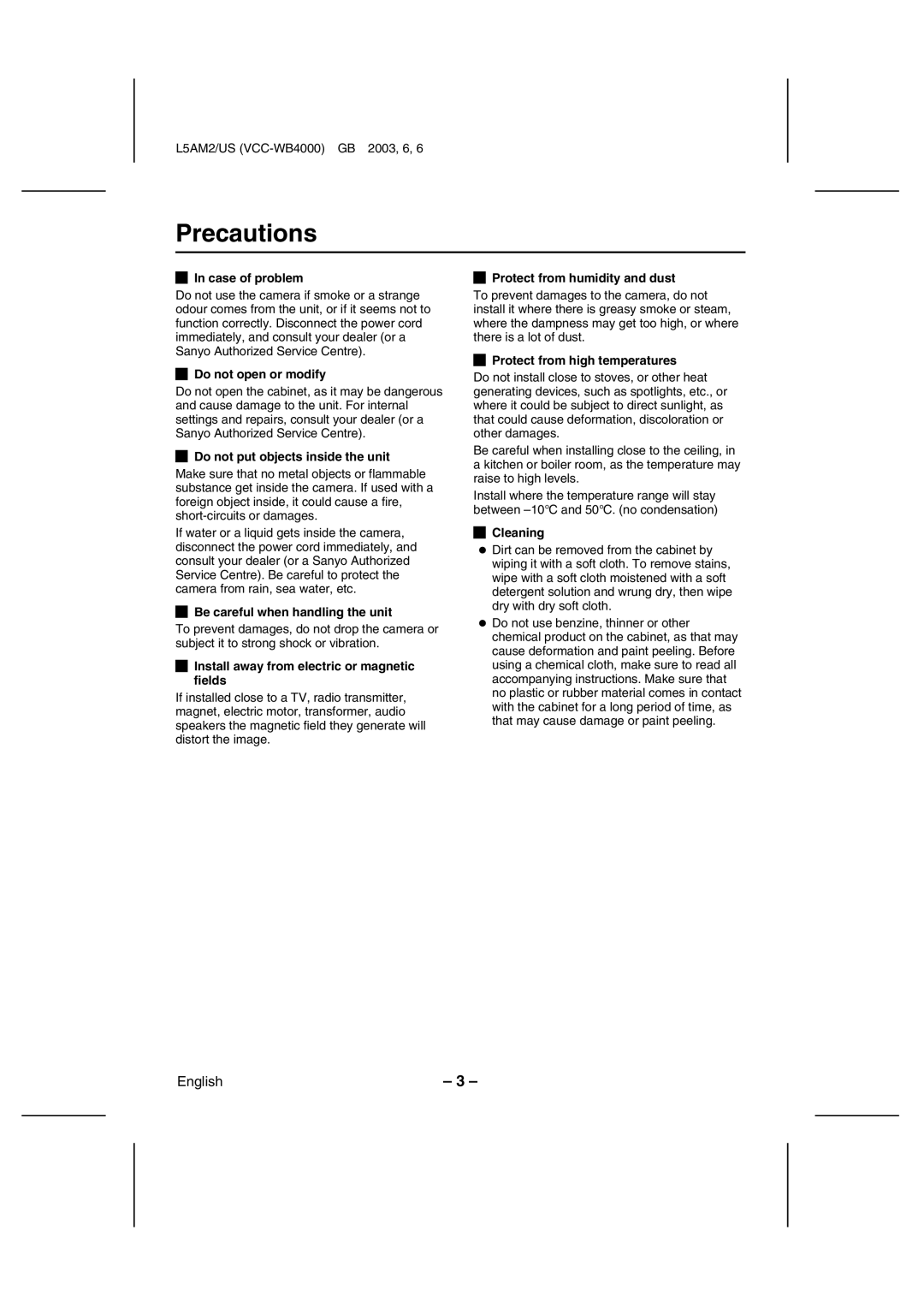 Sanyo VCC-WB4000 instruction manual Precautions 