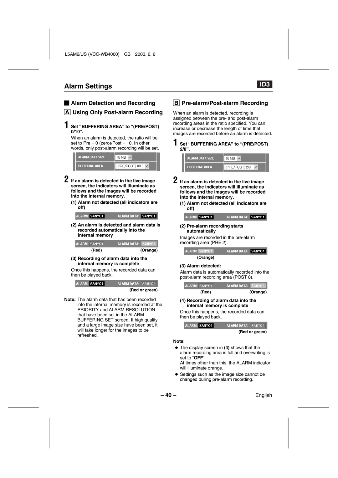 Sanyo VCC-WB4000 Pre-alarm/Post-alarm Recording, Set Buffering Area to PRE/POST 0/10, Set Buffering Area to PRE/POST 2/8 