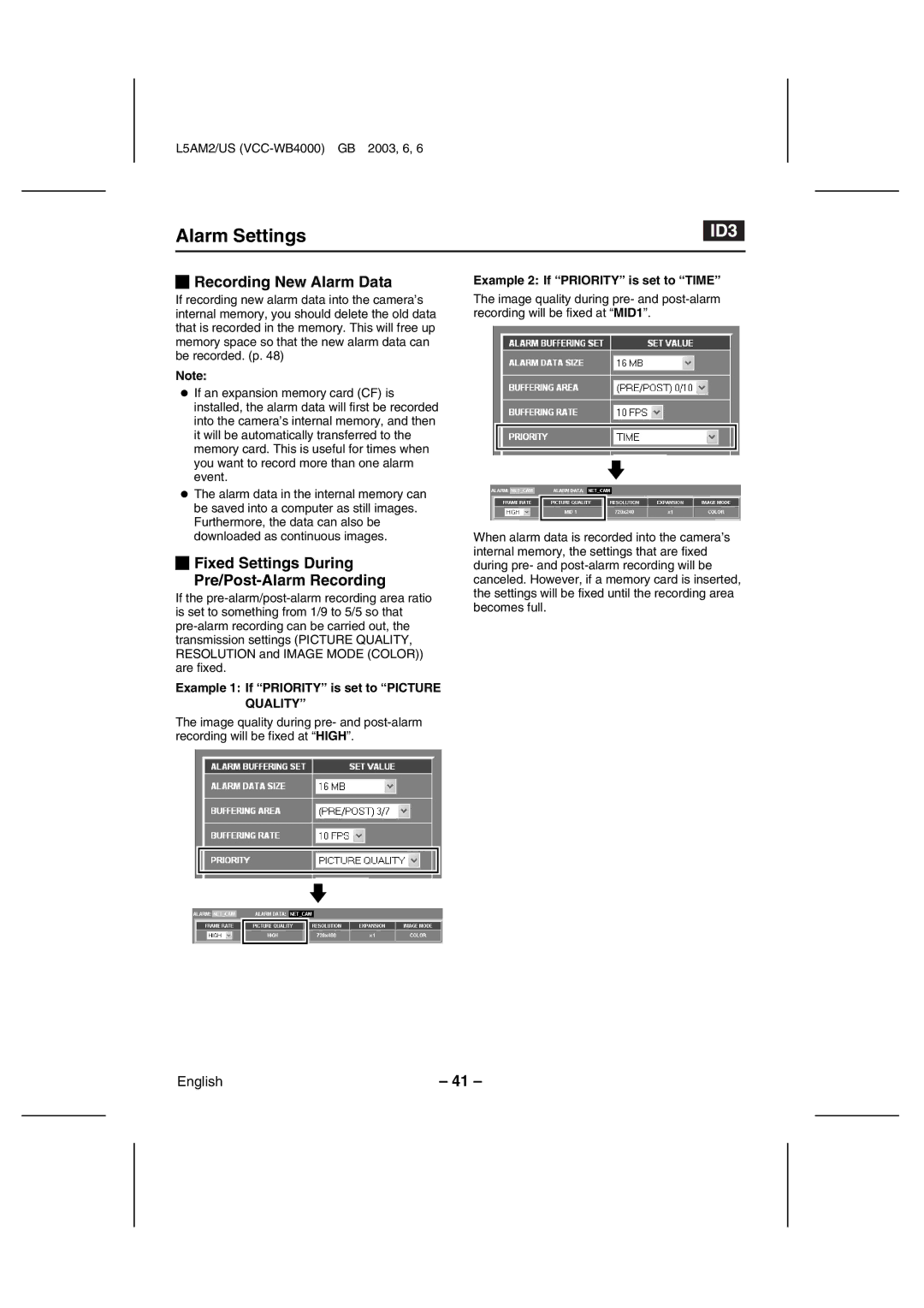 Sanyo VCC-WB4000 instruction manual Recording New Alarm Data, Fixed Settings During Pre/Post-Alarm Recording 