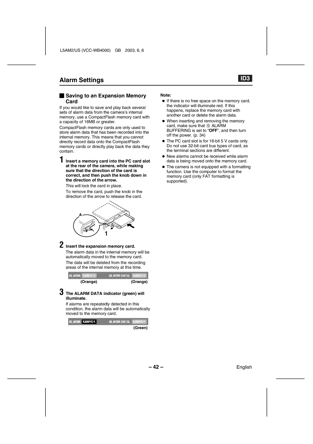 Sanyo VCC-WB4000 instruction manual Saving to an Expansion Memory Card, Insert the expansion memory card 