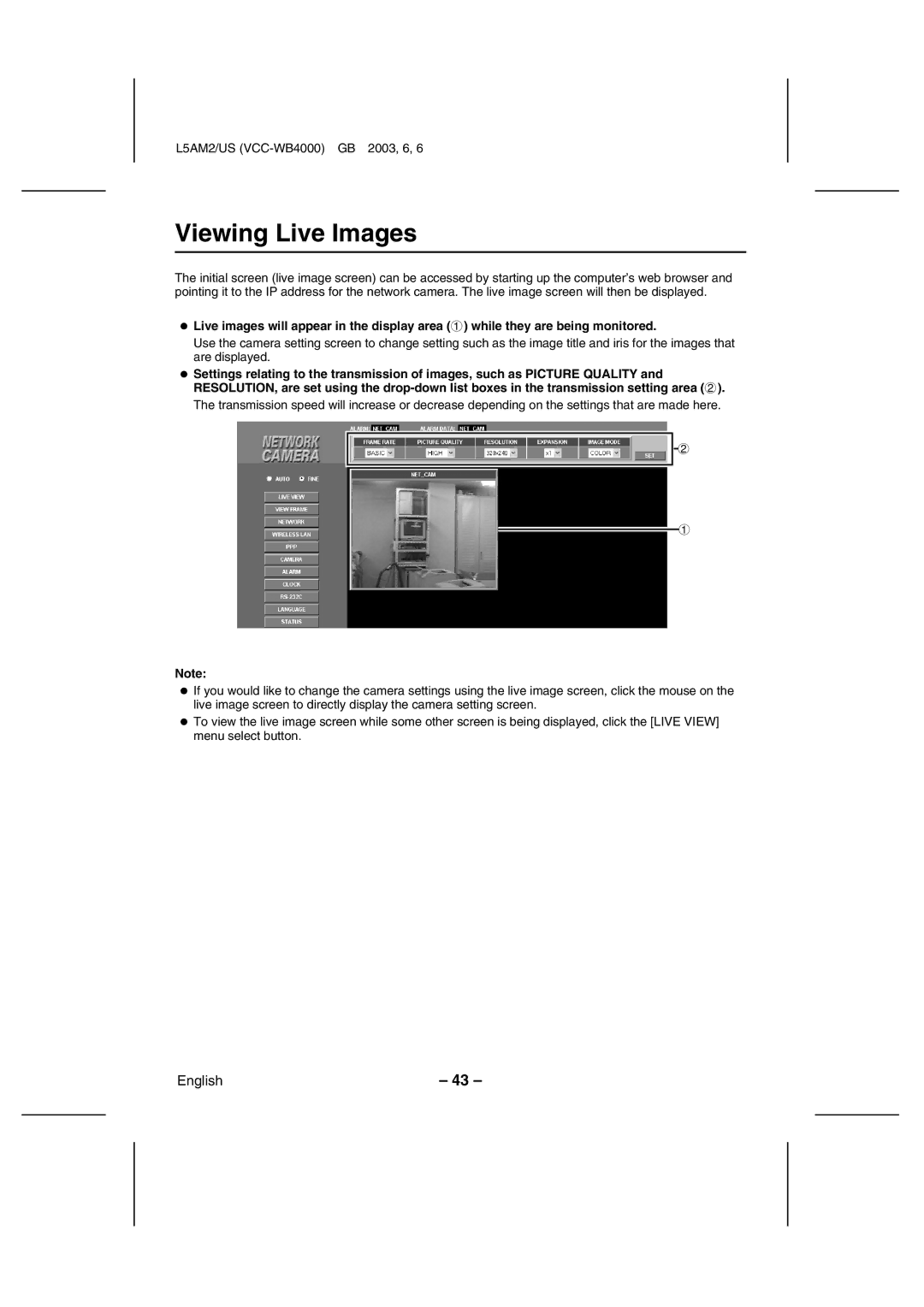 Sanyo VCC-WB4000 instruction manual Viewing Live Images 