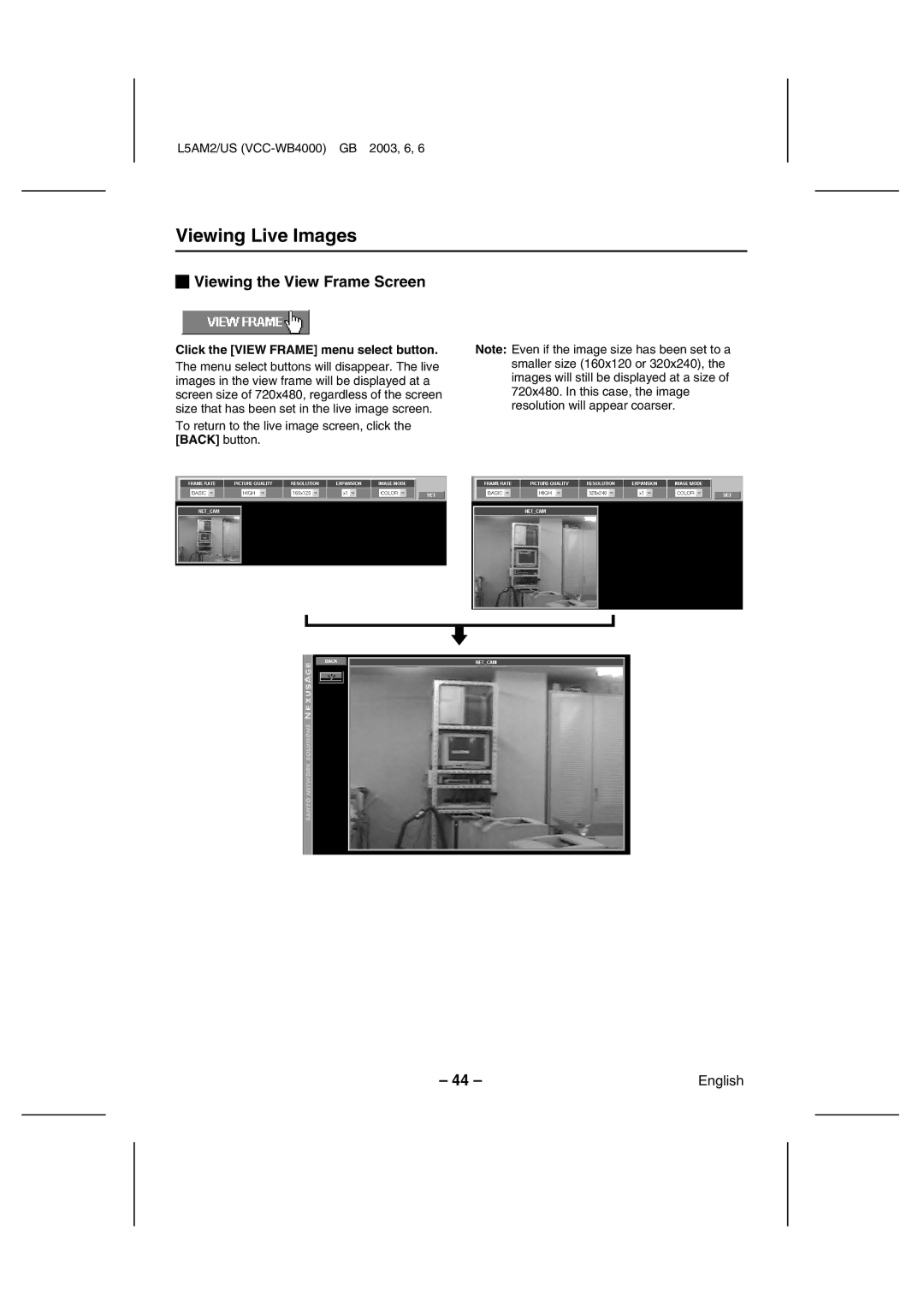 Sanyo VCC-WB4000 Viewing Live Images, Viewing the View Frame Screen, Click the View Frame menu select button 