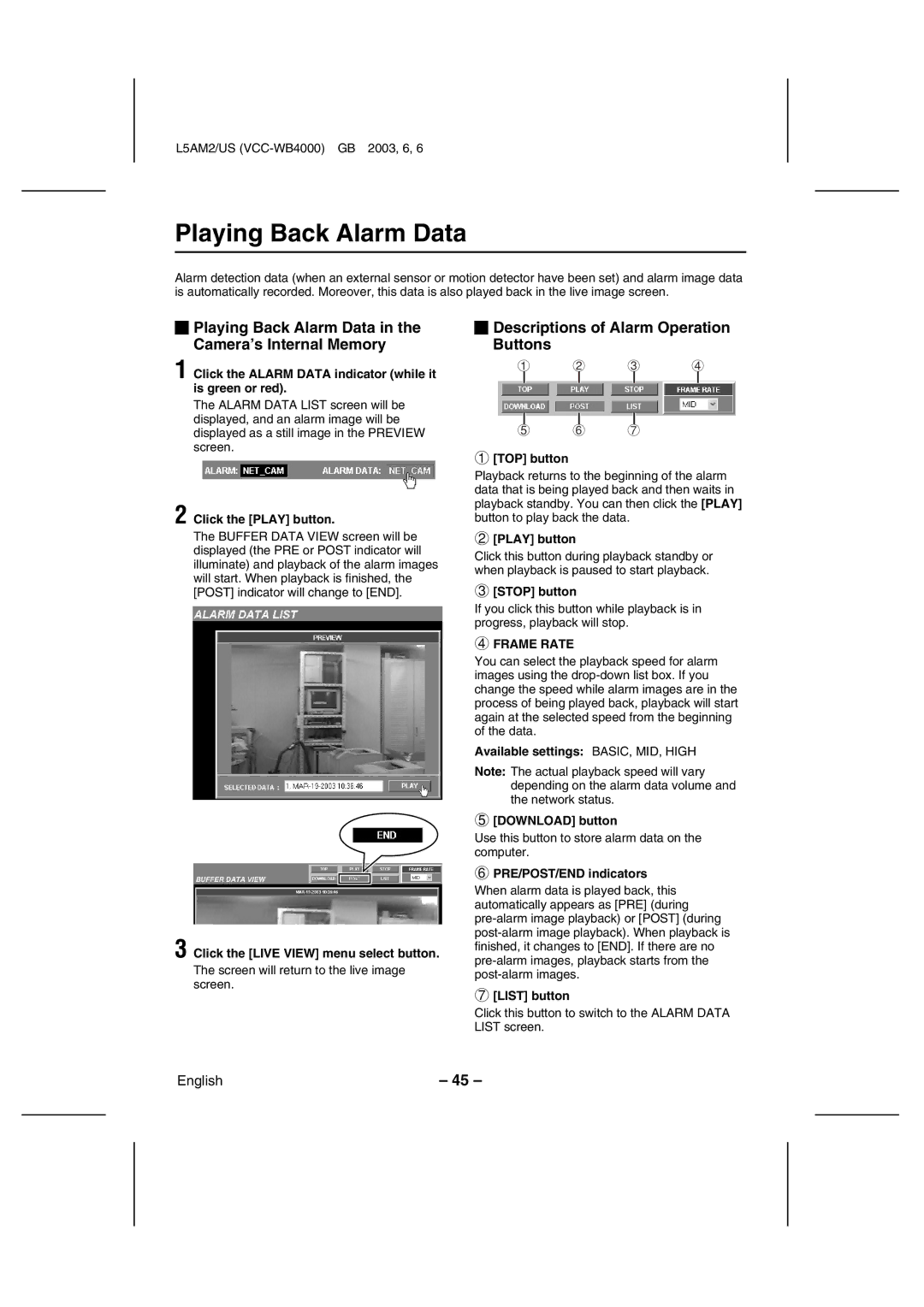 Sanyo VCC-WB4000 Playing Back Alarm Data in the Camera’s Internal Memory, Descriptions of Alarm Operation Buttons 