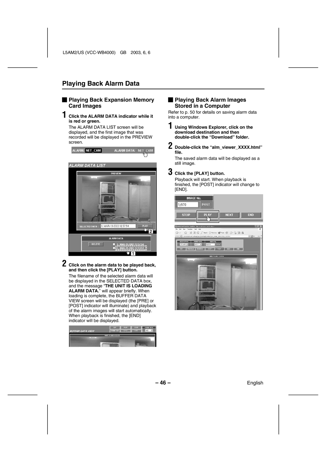 Sanyo VCC-WB4000 instruction manual Playing Back Alarm Data, Playing Back Expansion Memory Card Images 