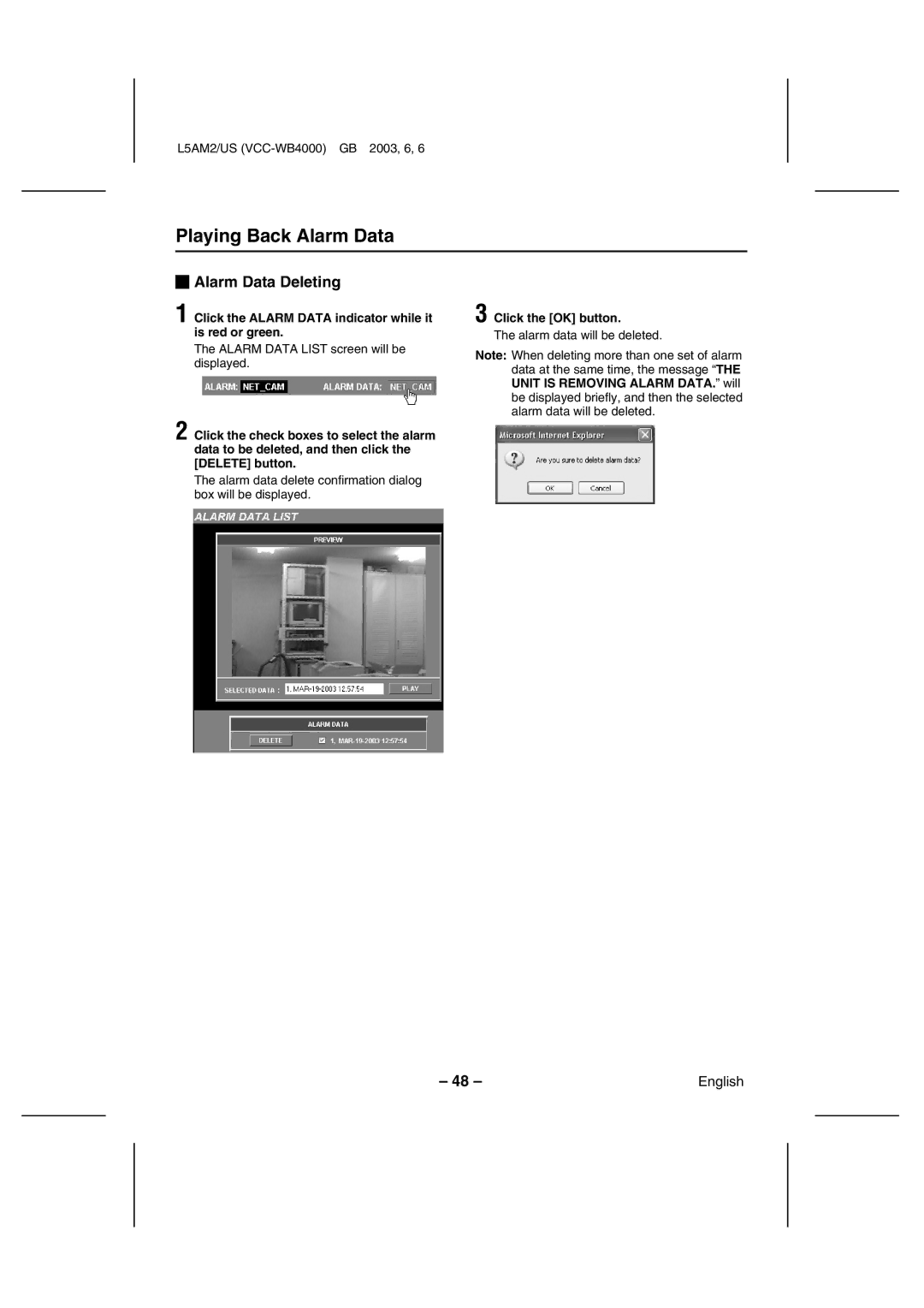 Sanyo VCC-WB4000 instruction manual Alarm Data Deleting, Click the OK button 