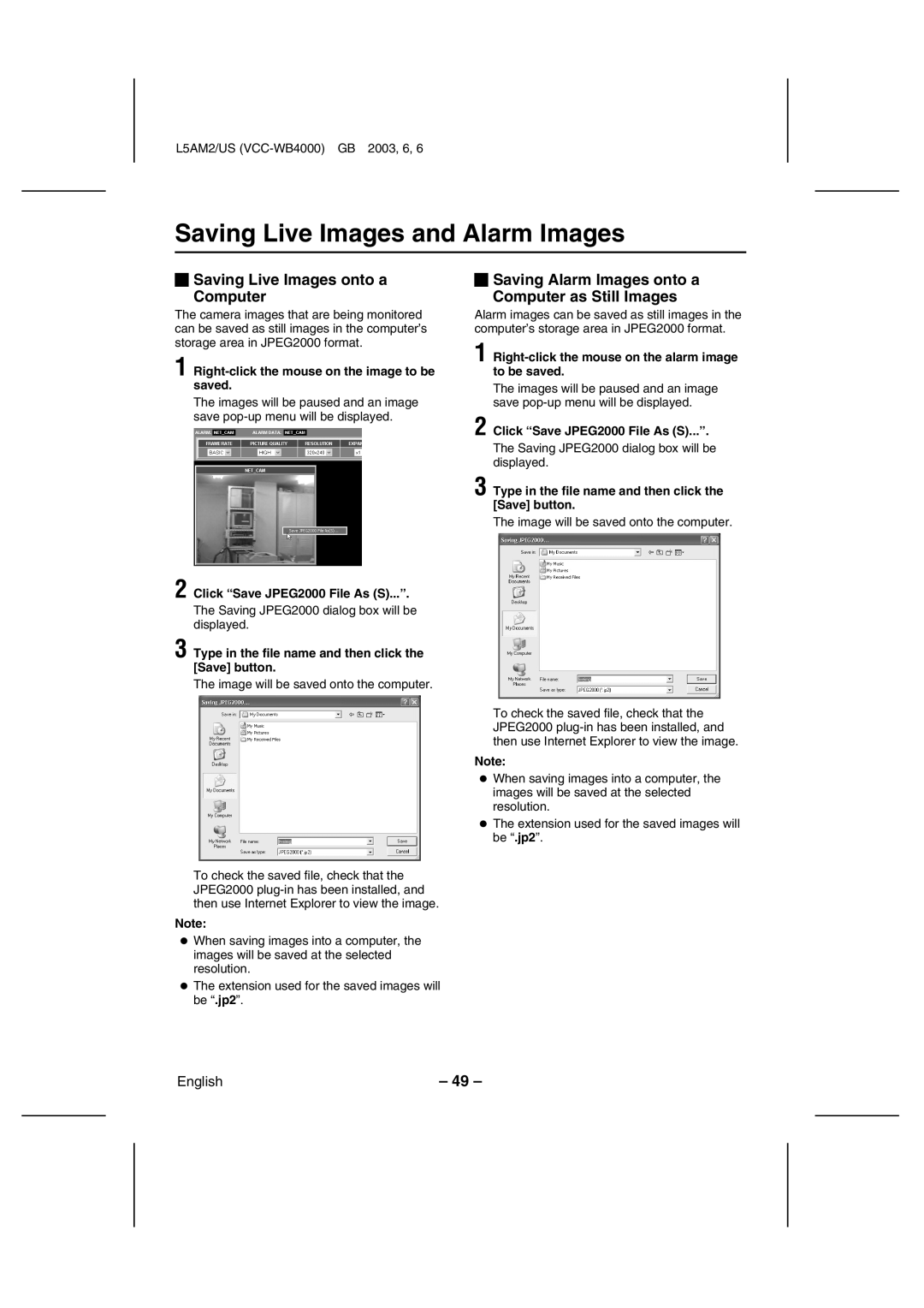 Sanyo VCC-WB4000 instruction manual Saving Live Images and Alarm Images, Saving Live Images onto a Computer 