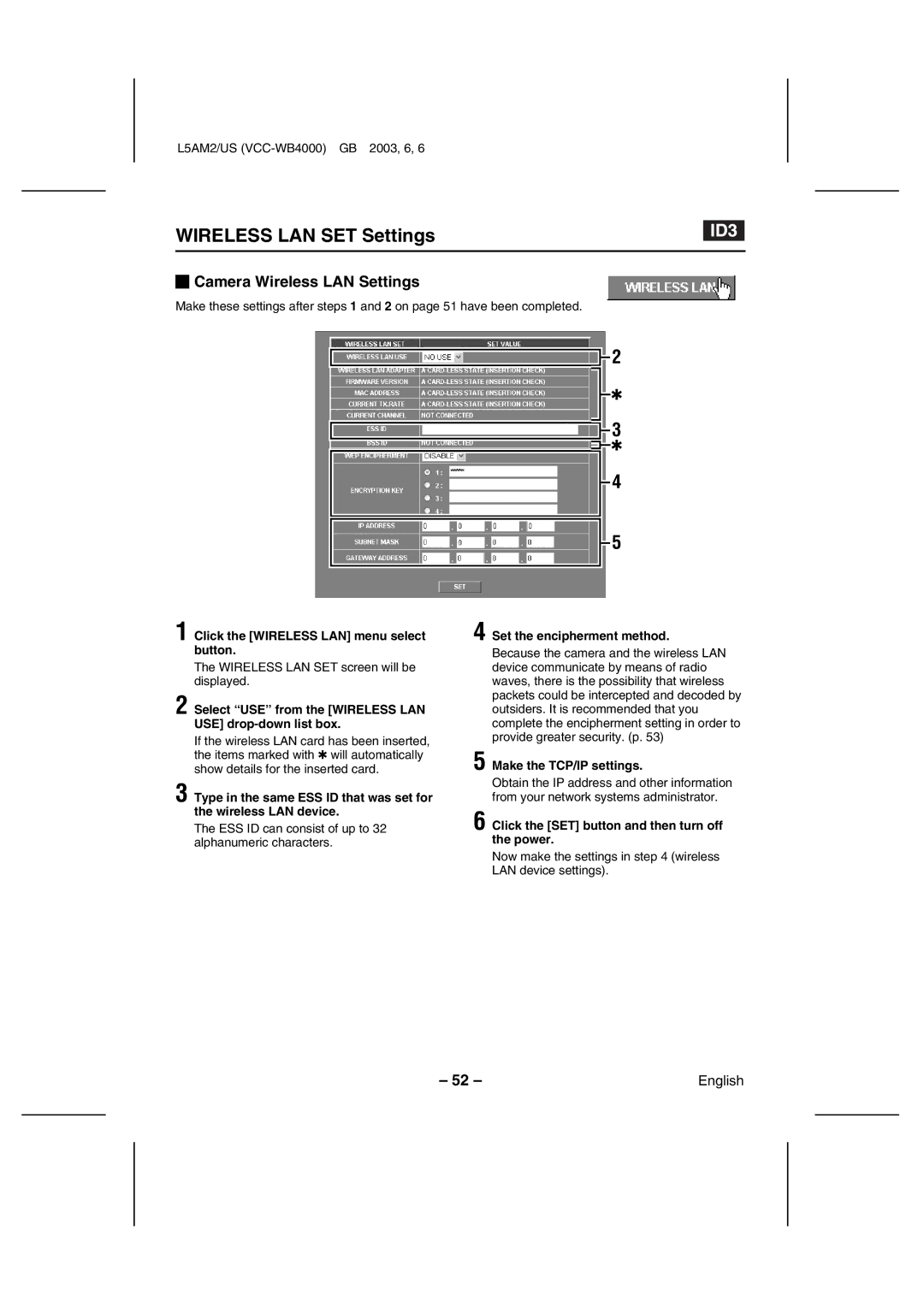 Sanyo VCC-WB4000 instruction manual Wireless LAN SET Settings, Camera Wireless LAN Settings 