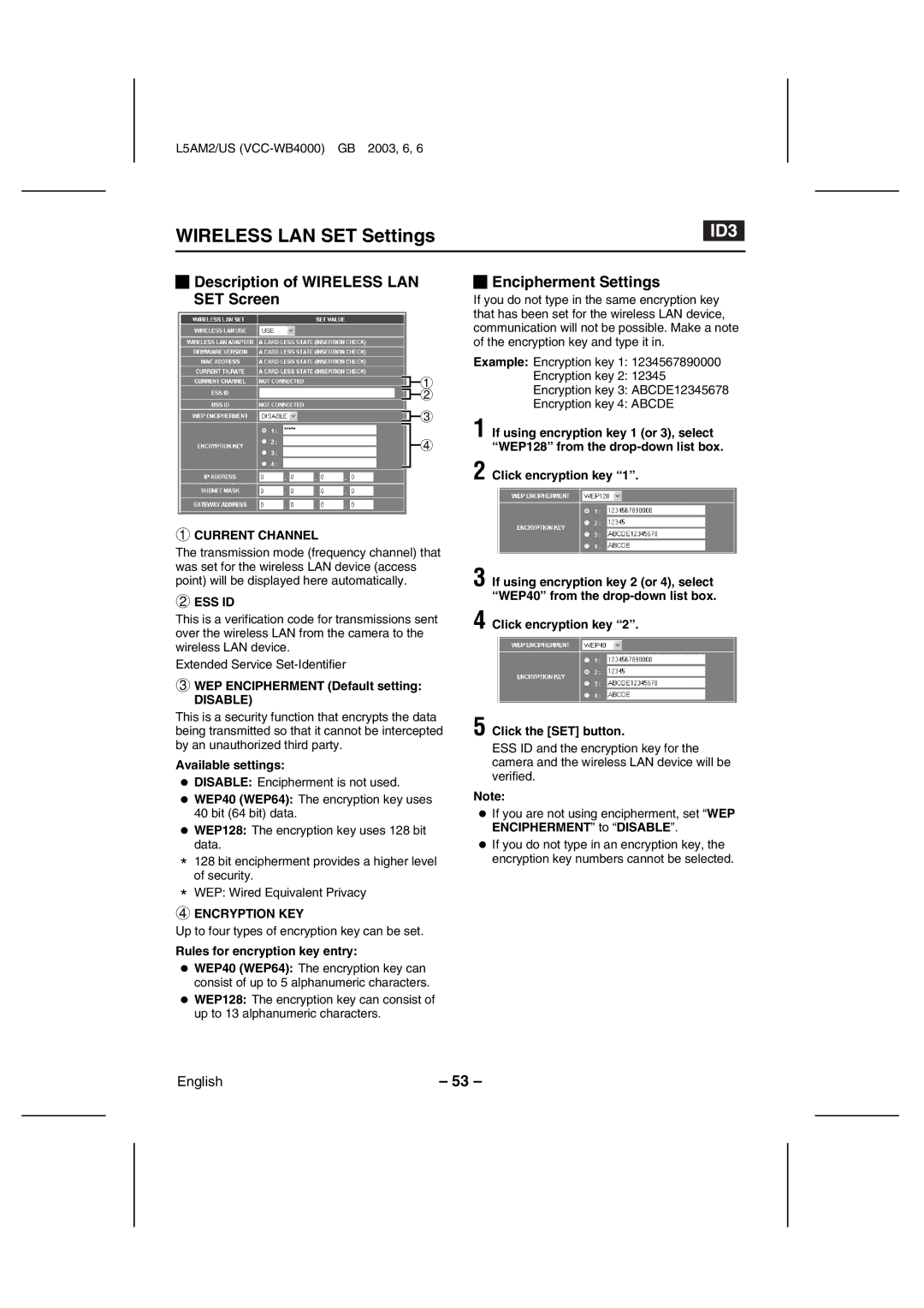 Sanyo VCC-WB4000 instruction manual Description of Wireless LAN SET Screen, Encipherment Settings 