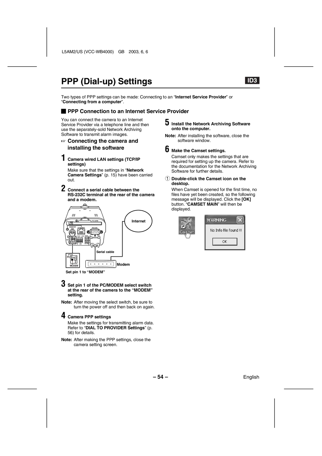 Sanyo VCC-WB4000 instruction manual PPP Dial-up Settings, PPP Connection to an Internet Service Provider 