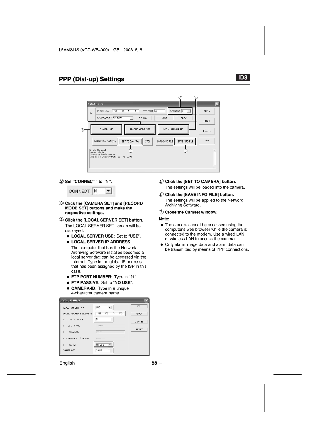 Sanyo VCC-WB4000 instruction manual PPP Dial-up Settings, Click the SET to Camera button, Click the Save Info File button 