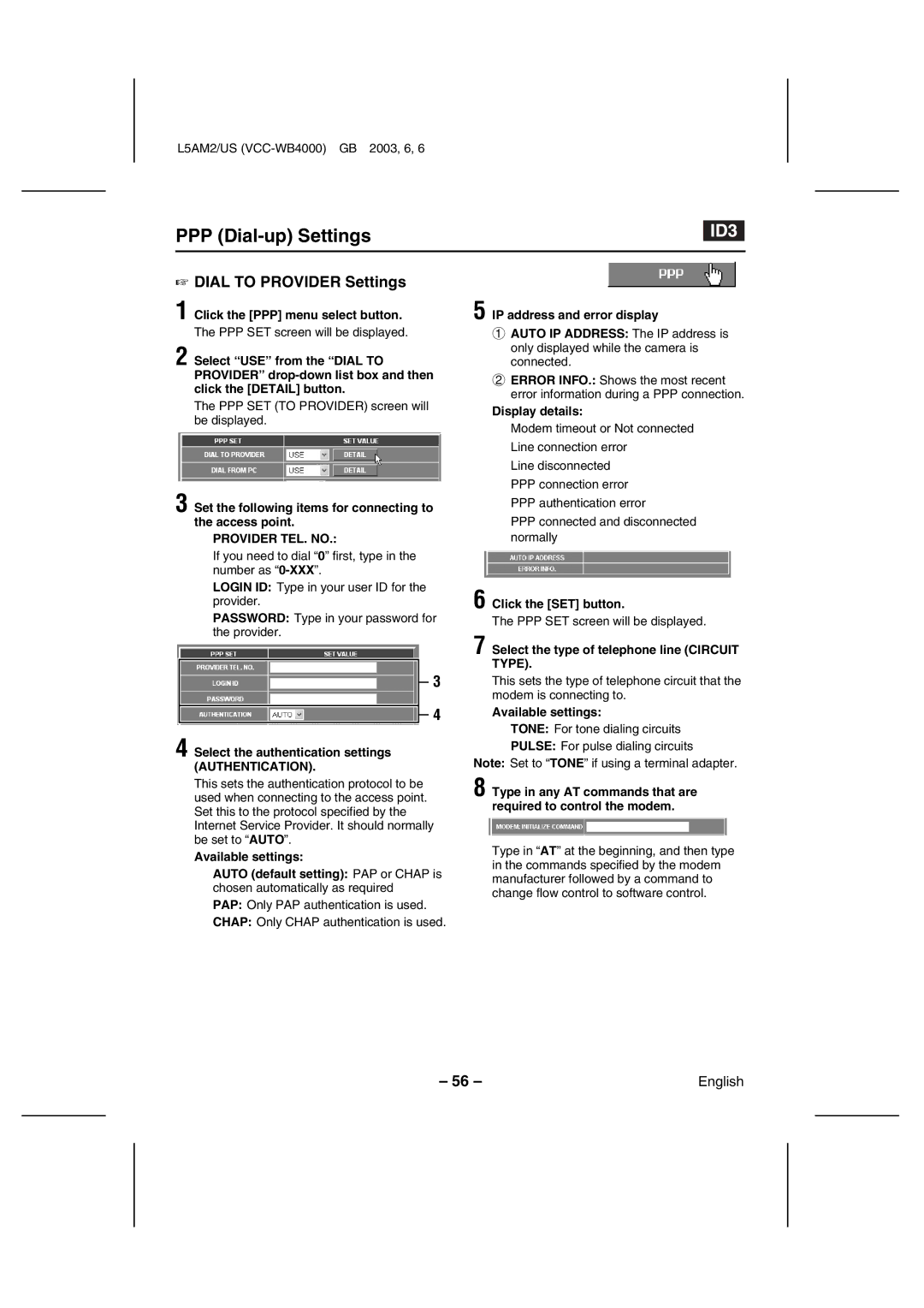 Sanyo VCC-WB4000 instruction manual Dial to Provider Settings, Provider TEL. no, Authentication 