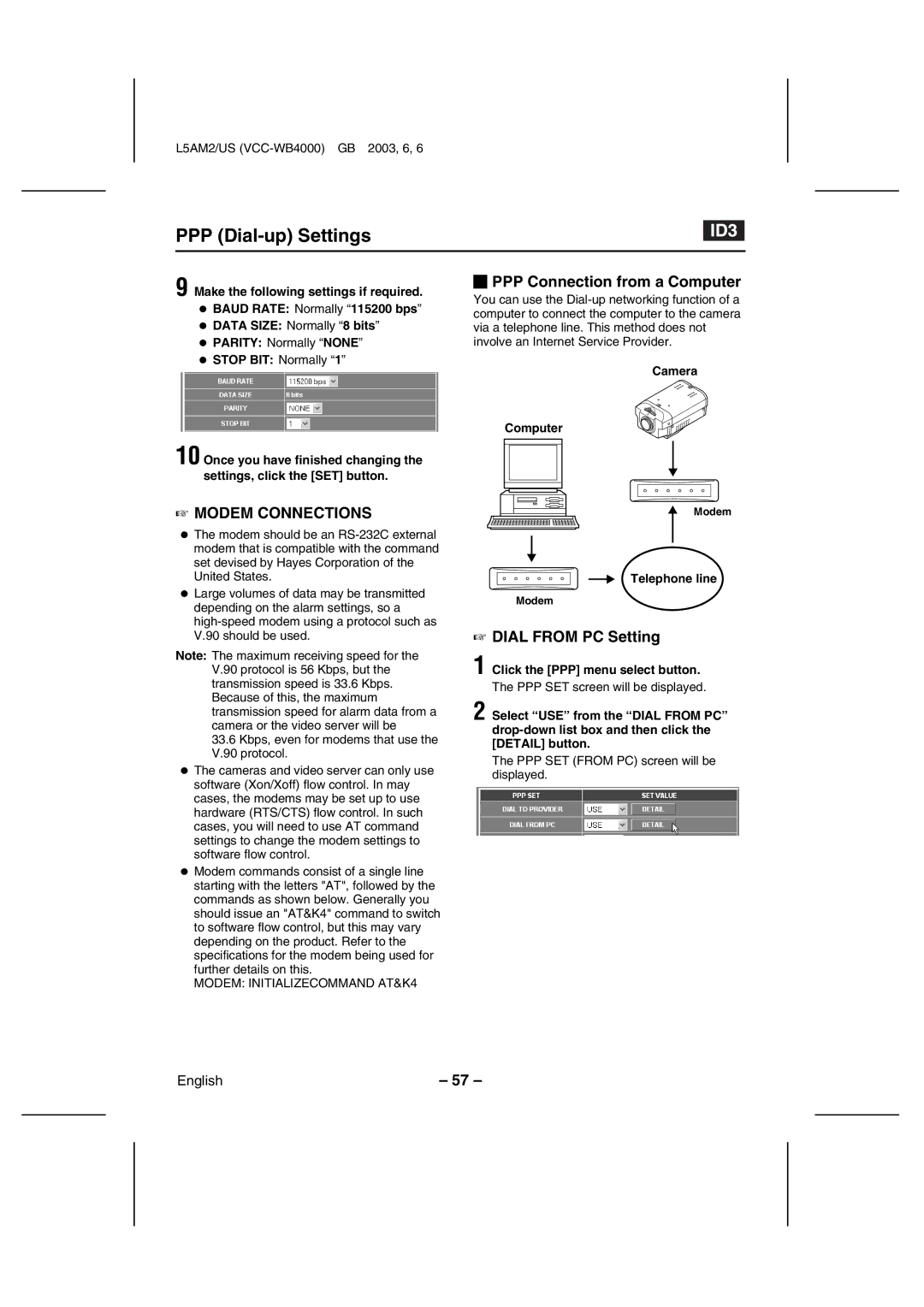 Sanyo VCC-WB4000 instruction manual PPP Connection from a Computer, Dial from PC Setting, Camera Computer, Telephone line 