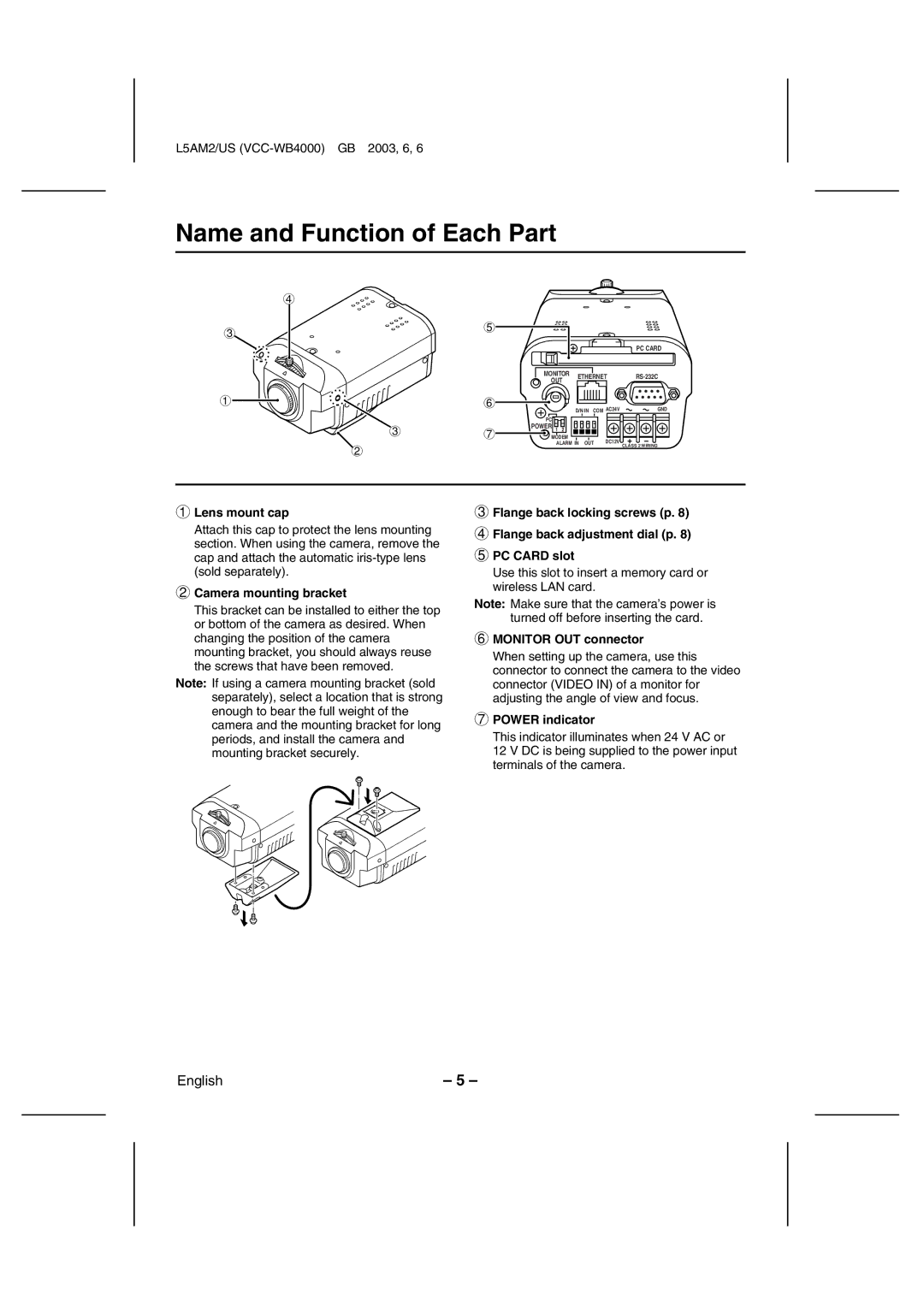 Sanyo VCC-WB4000 Name and Function of Each Part, Lens mount cap, Camera mounting bracket, Monitor OUT connector 