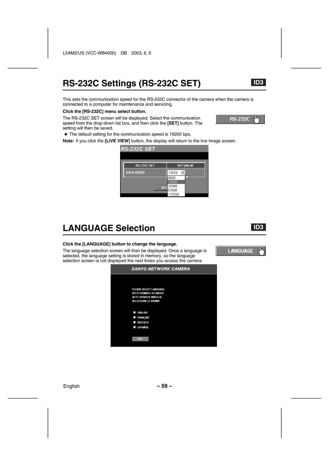 Sanyo VCC-WB4000 instruction manual RS-232C Settings RS-232C SET, Language Selection, Click the RS-232C menu select button 