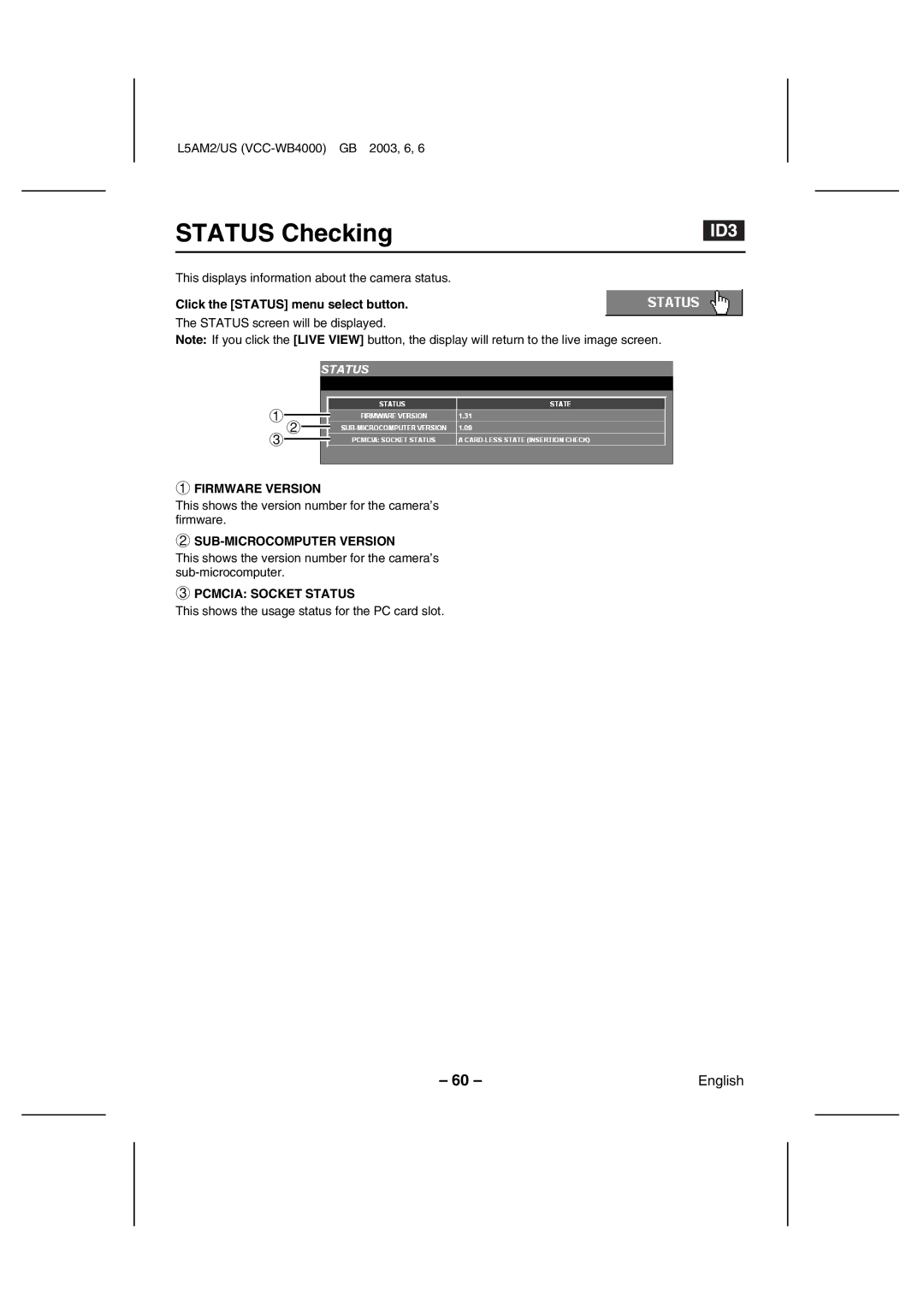 Sanyo VCC-WB4000 Status Checking, Click the Status menu select button, Firmware Version, SUB-MICROCOMPUTER Version 