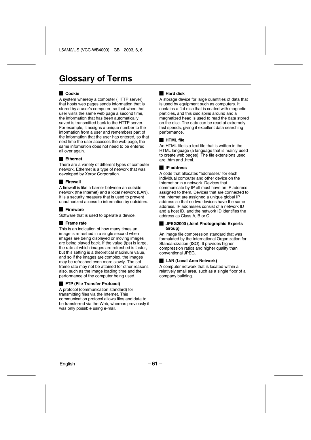 Sanyo VCC-WB4000 instruction manual Glossary of Terms 