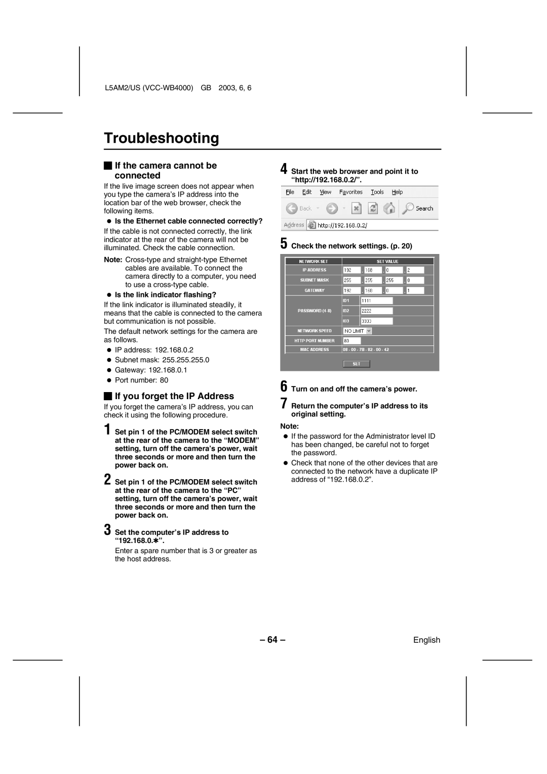 Sanyo VCC-WB4000 instruction manual Troubleshooting, If the camera cannot be connected, If you forget the IP Address 