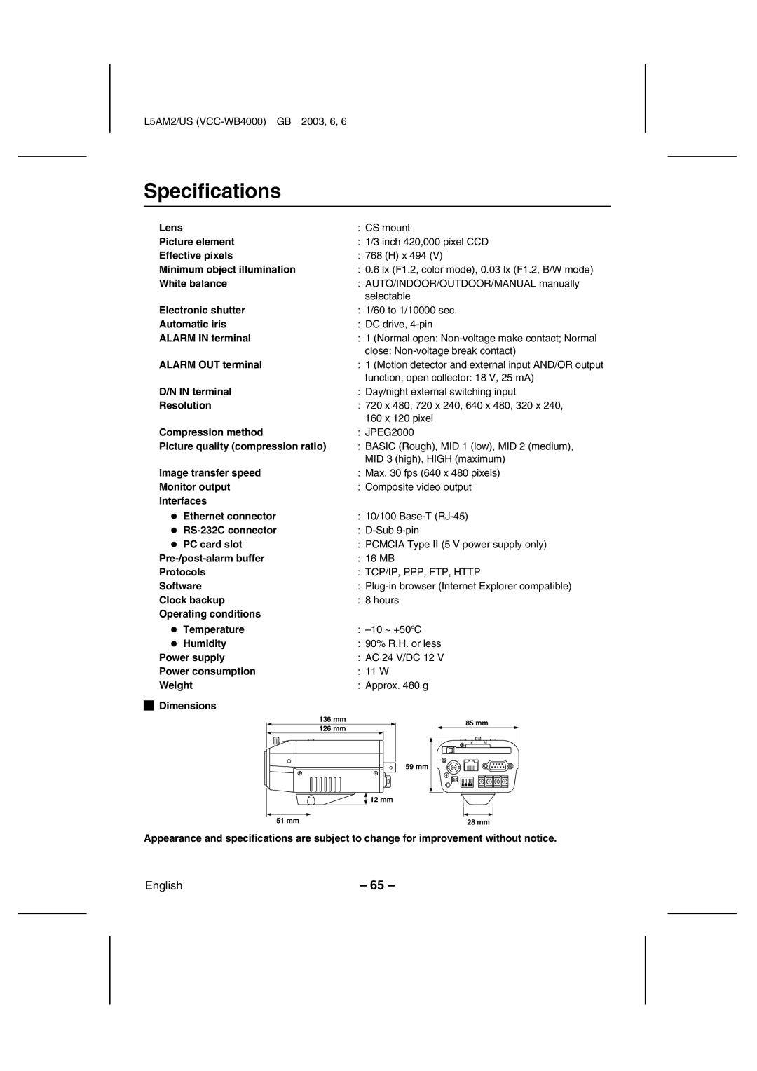 Sanyo VCC-WB4000 instruction manual Specifications 