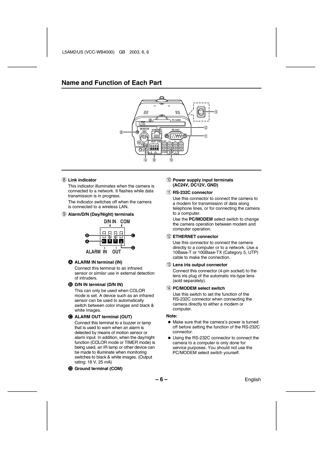 Sanyo VCC-WB4000 instruction manual Name and Function of Each Part 