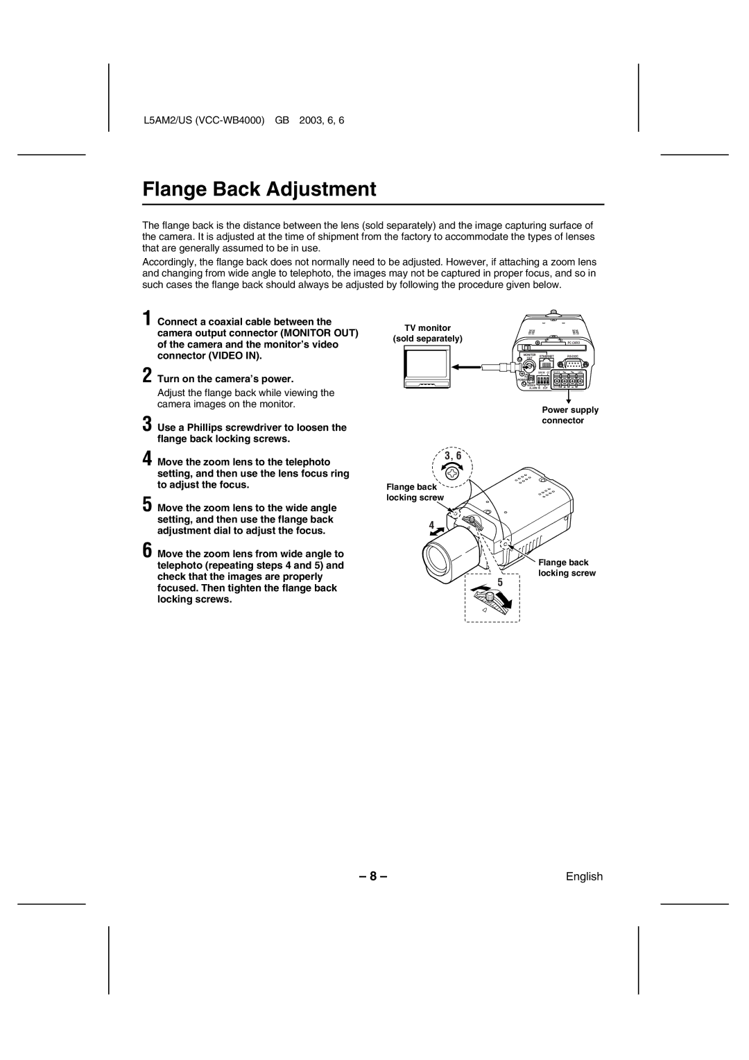 Sanyo VCC-WB4000 instruction manual Flange Back Adjustment 