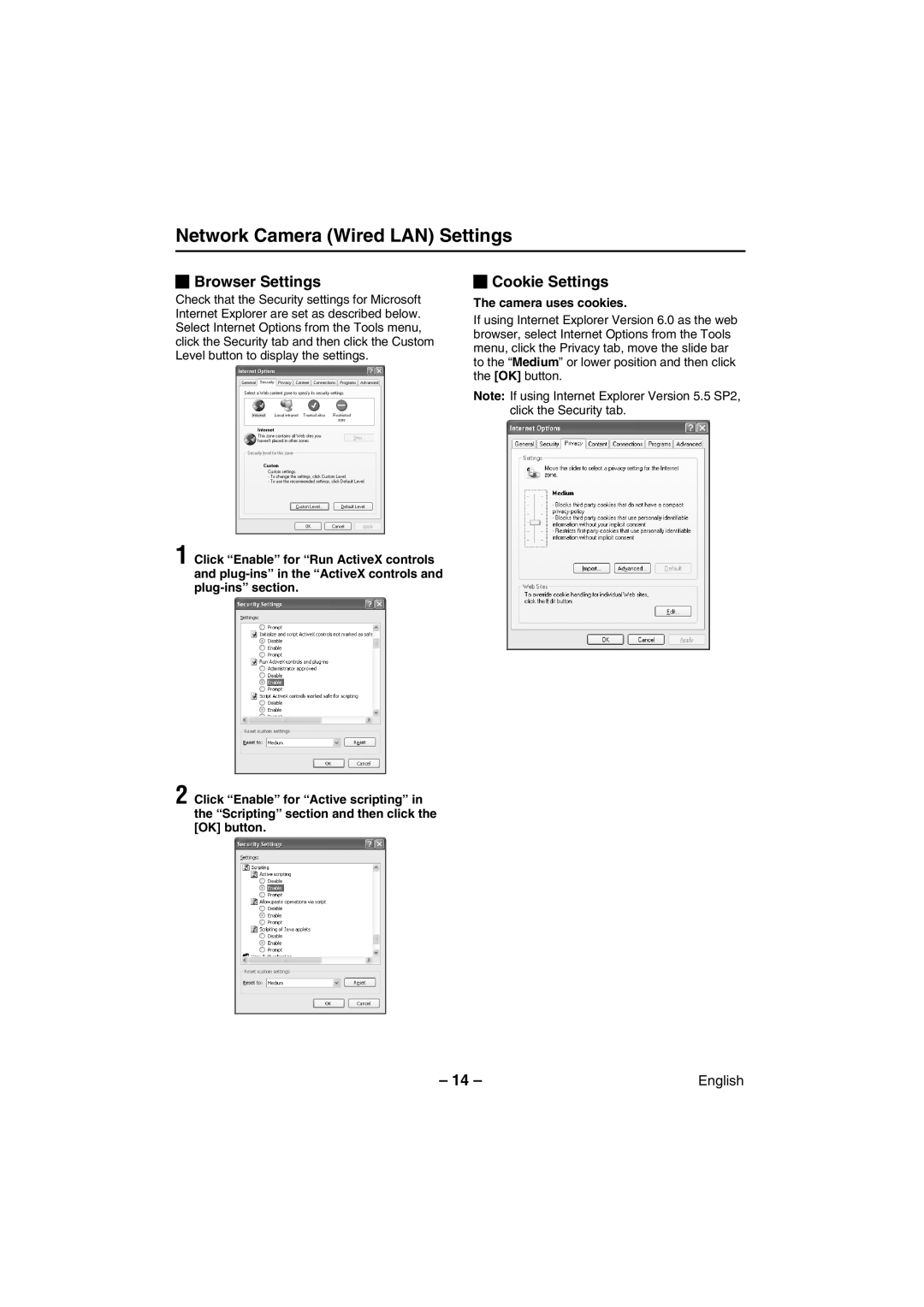 Sanyo VCC-WB4000P instruction manual Browser Settings, Cookie Settings, Camera uses cookies 