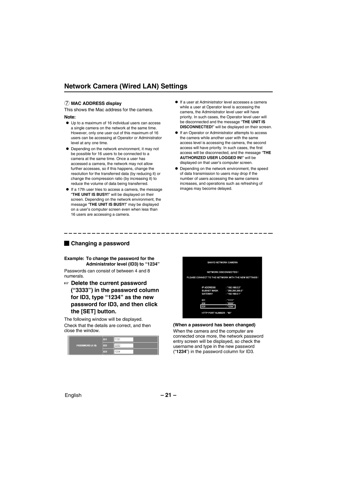 Sanyo VCC-WB4000P instruction manual Changing a password, MAC Address display, When a password has been changed 