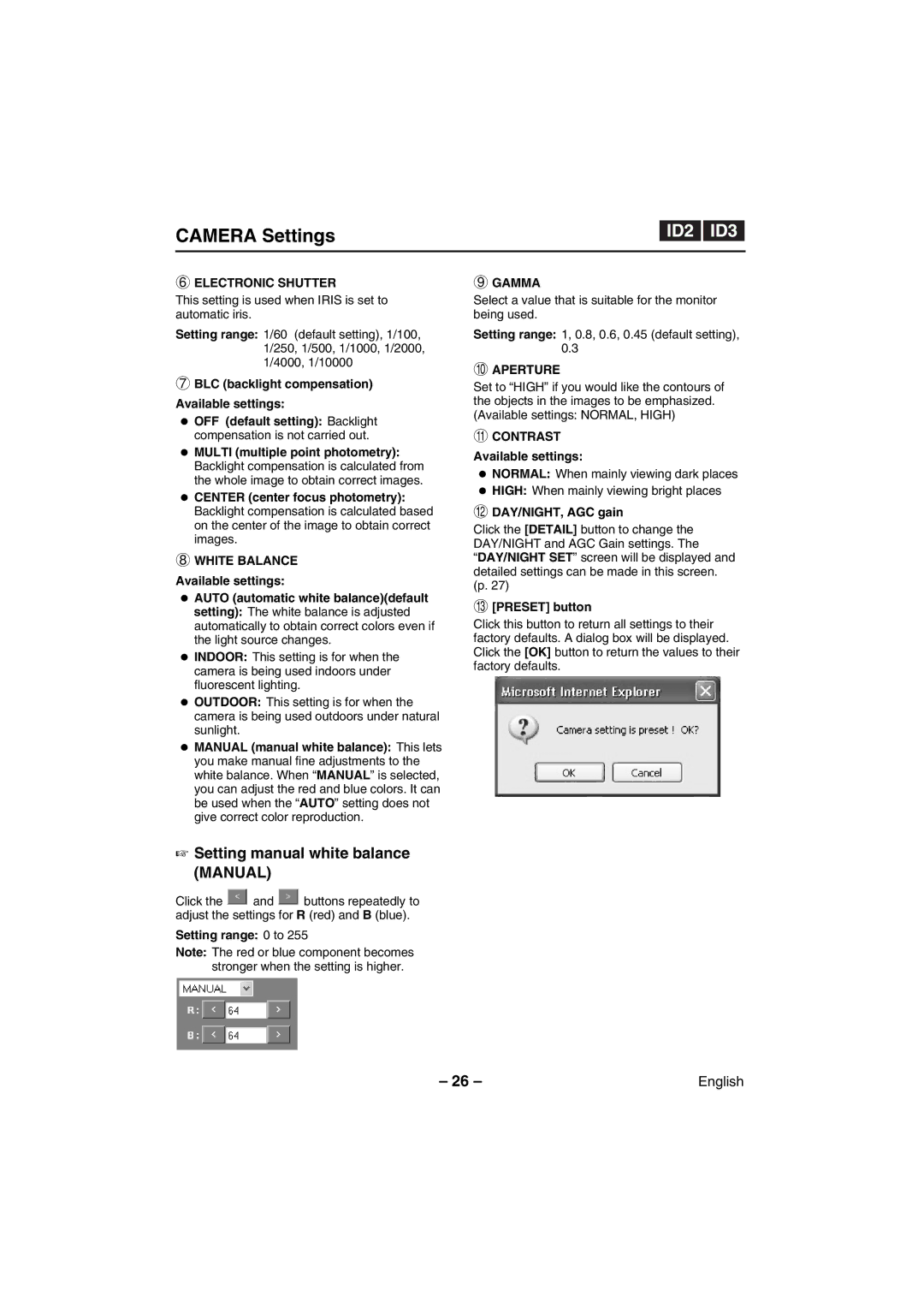 Sanyo VCC-WB4000P instruction manual Camera Settings, Setting manual white balance Manual 