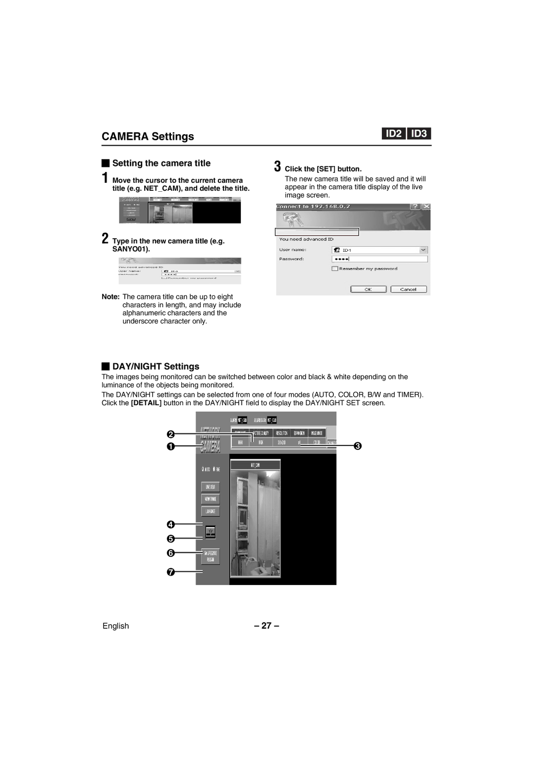 Sanyo VCC-WB4000P instruction manual Setting the camera title, DAY/NIGHT Settings 