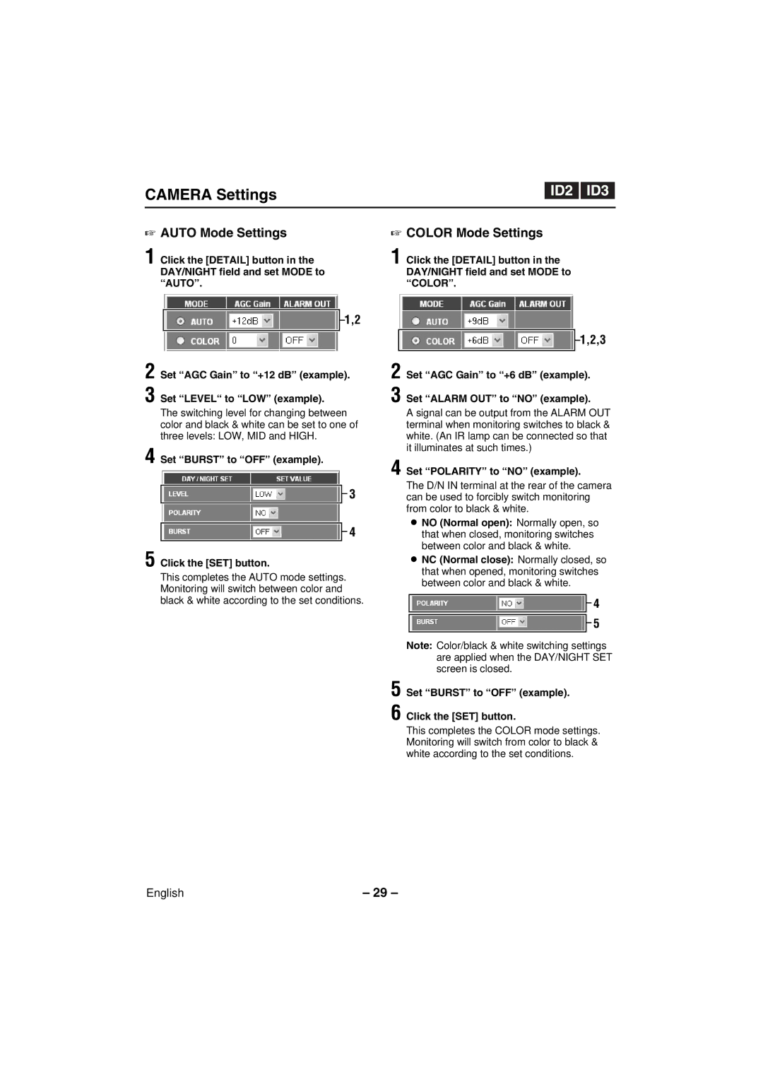 Sanyo VCC-WB4000P instruction manual Auto Mode Settings, Color Mode Settings, Set Burst to OFF example Click the SET button 