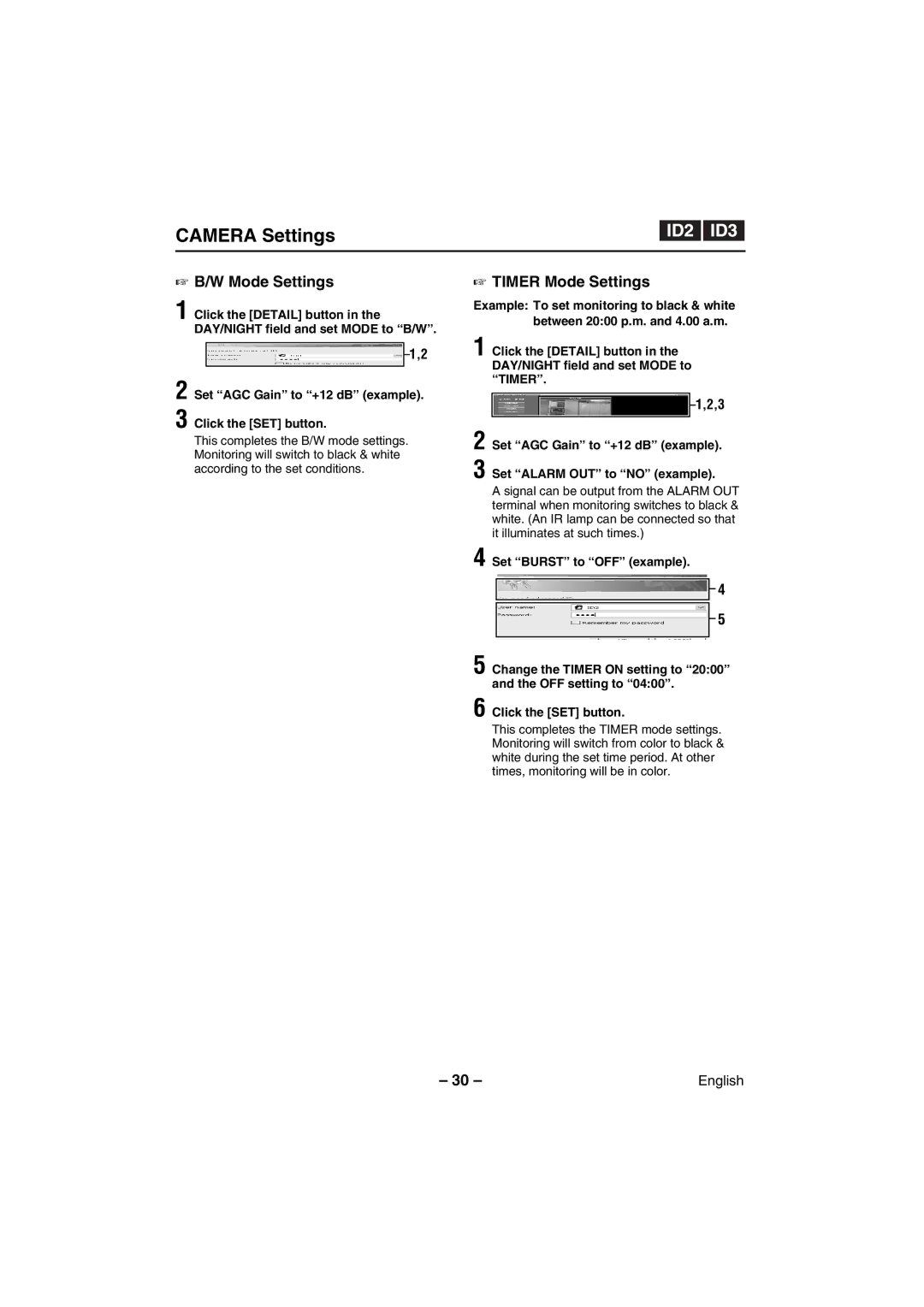 Sanyo VCC-WB4000P instruction manual Mode Settings, Set AGC Gain to +12 dB example Click the SET button 