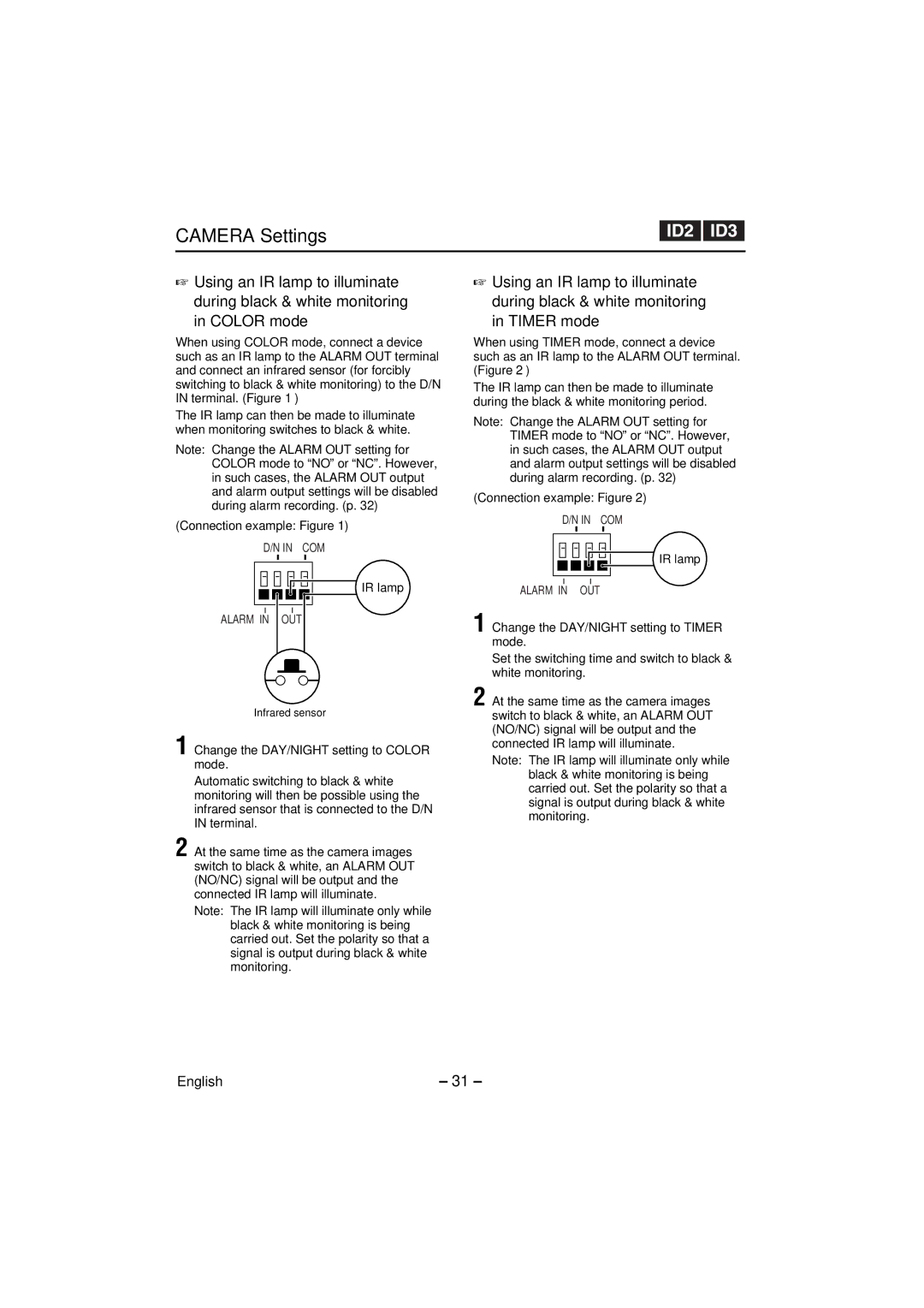 Sanyo VCC-WB4000P instruction manual Connection example Figure, IR lamp, Change the DAY/NIGHT setting to Color mode 