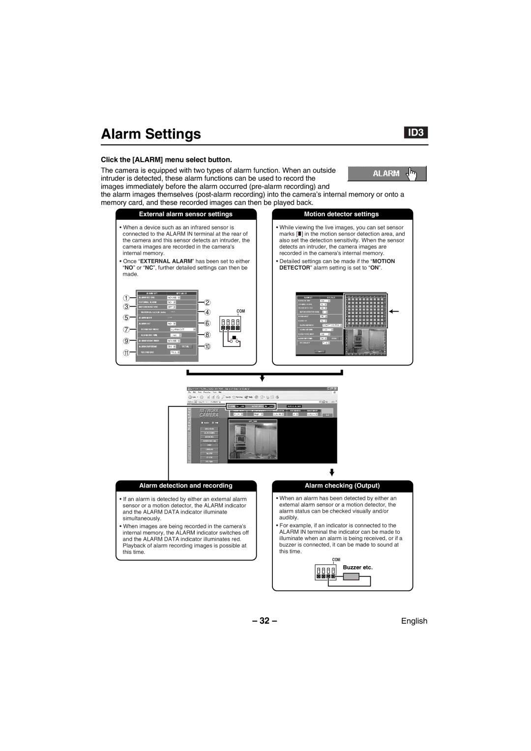 Sanyo VCC-WB4000P instruction manual Alarm Settings, Click the Alarm menu select button 