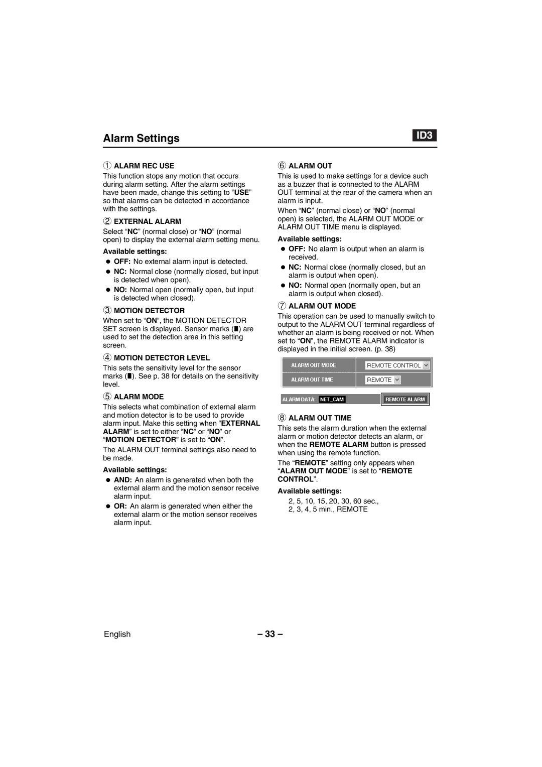 Sanyo VCC-WB4000P instruction manual Alarm Settings 