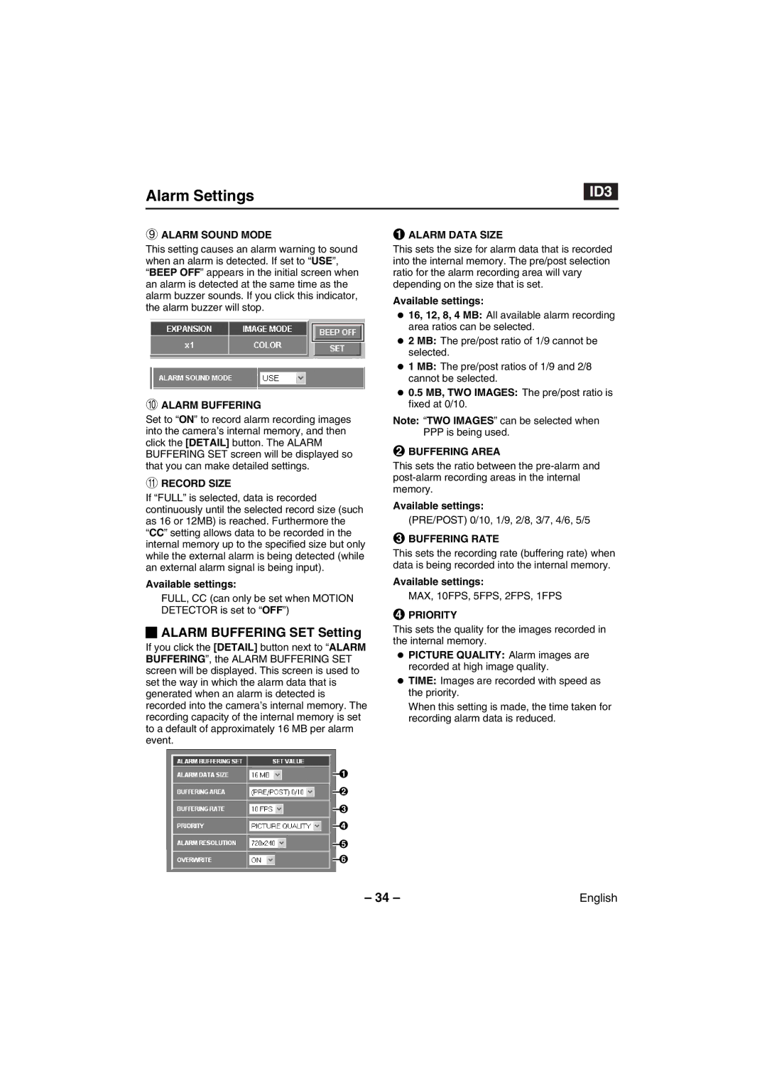 Sanyo VCC-WB4000P instruction manual Alarm Buffering SET Setting 