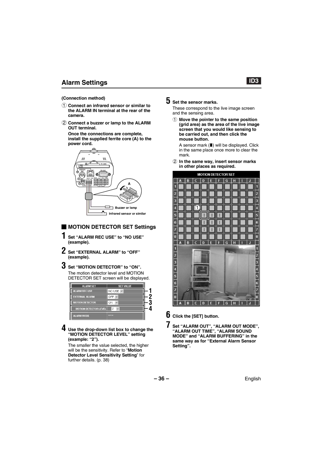 Sanyo VCC-WB4000P instruction manual Motion Detector SET Settings, Set the sensor marks 