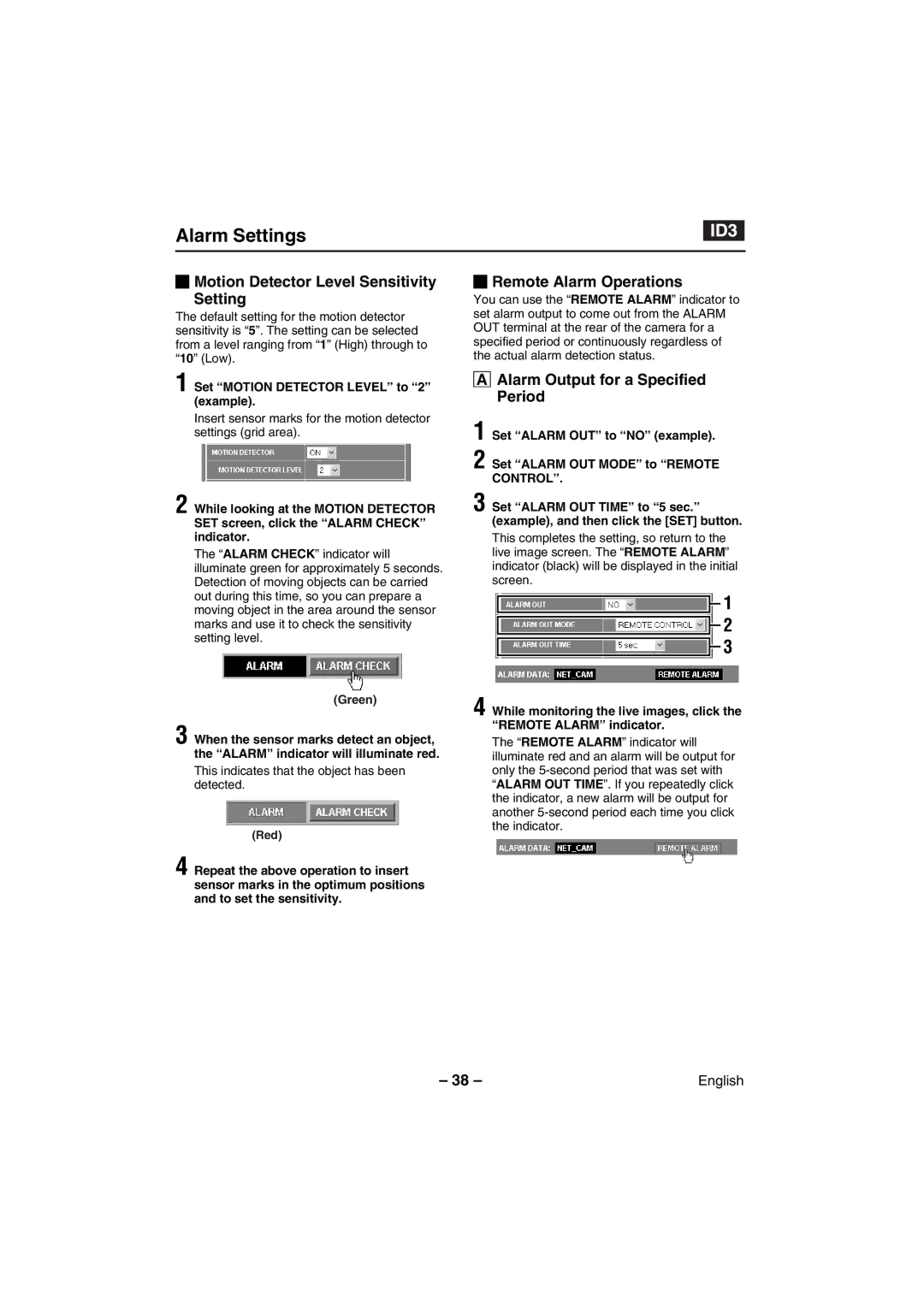 Sanyo VCC-WB4000P Motion Detector Level Sensitivity Setting, Remote Alarm Operations, Alarm Output for a Specified Period 