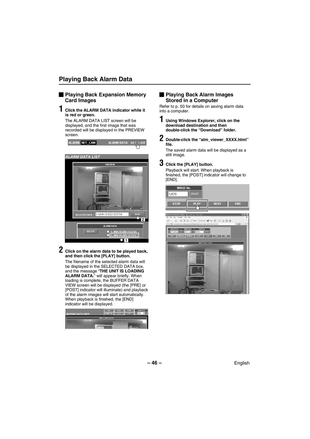 Sanyo VCC-WB4000P instruction manual Playing Back Alarm Data, Playing Back Expansion Memory Card Images 