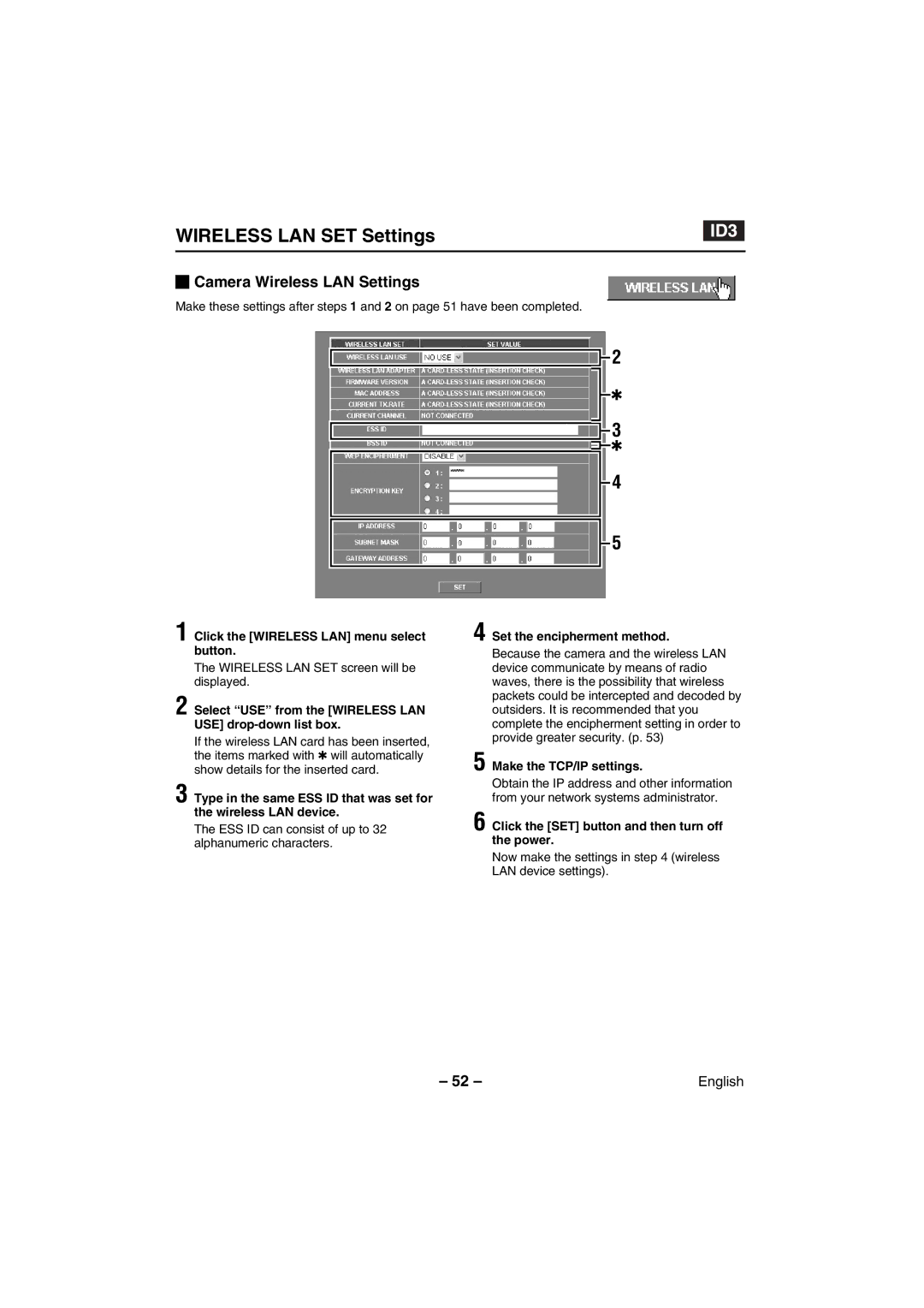 Sanyo VCC-WB4000P instruction manual Wireless LAN SET Settings, Camera Wireless LAN Settings 