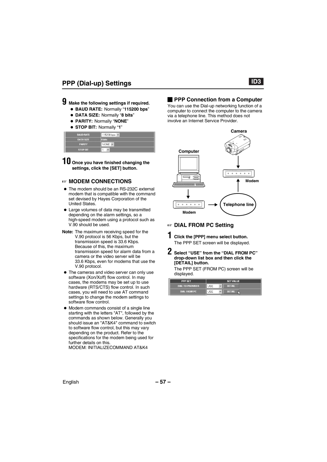 Sanyo VCC-WB4000P instruction manual PPP Connection from a Computer, Dial from PC Setting, Camera Computer, Telephone line 