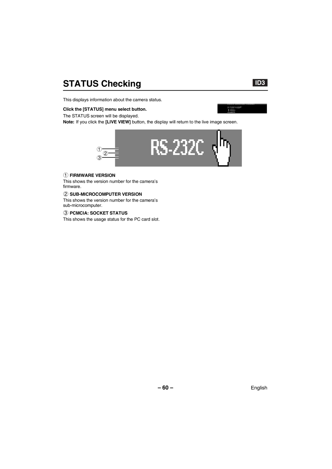 Sanyo VCC-WB4000P Status Checking, Click the Status menu select button, Firmware Version, SUB-MICROCOMPUTER Version 