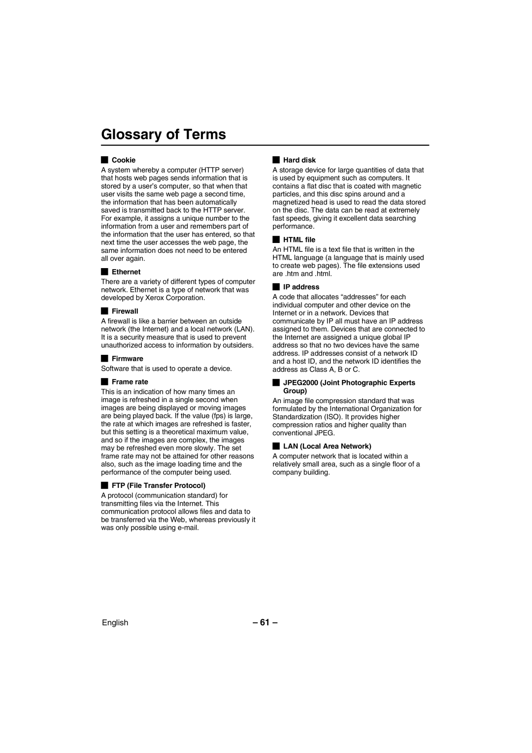 Sanyo VCC-WB4000P instruction manual Glossary of Terms 