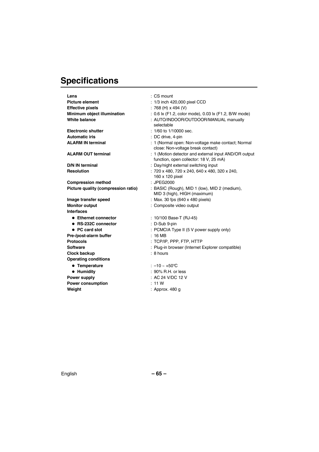 Sanyo VCC-WB4000P instruction manual Specifications 