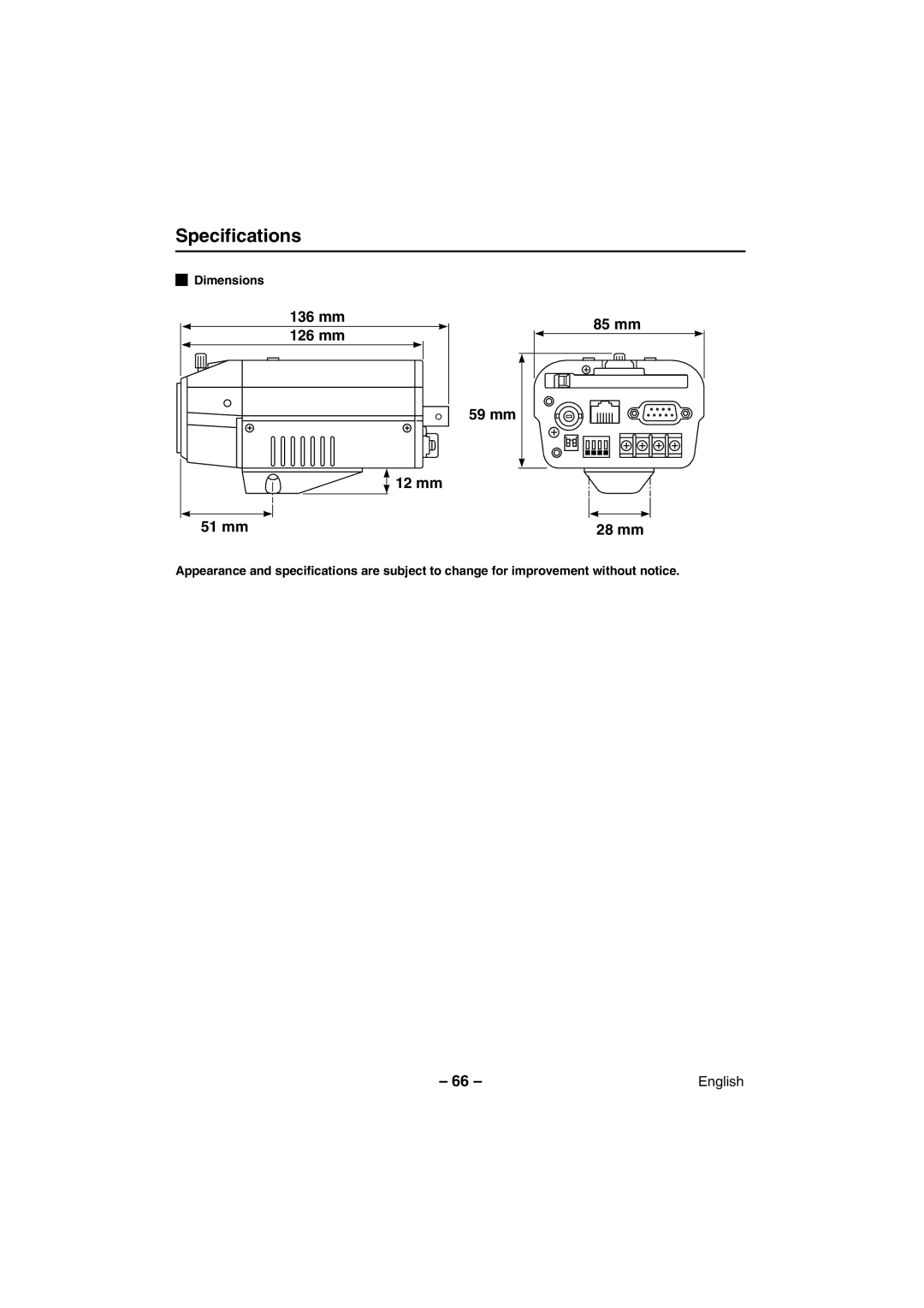 Sanyo VCC-WB4000P instruction manual Specifications, 136 mm 126 mm 12 mm 85 mm 59 mm 51 mm, Dimensions 