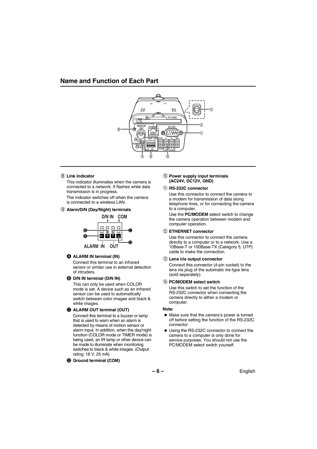 Sanyo VCC-WB4000P instruction manual Name and Function of Each Part 