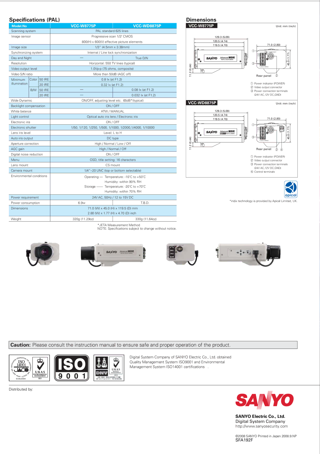 Sanyo VCC-WD8874 manual Specifications PAL 