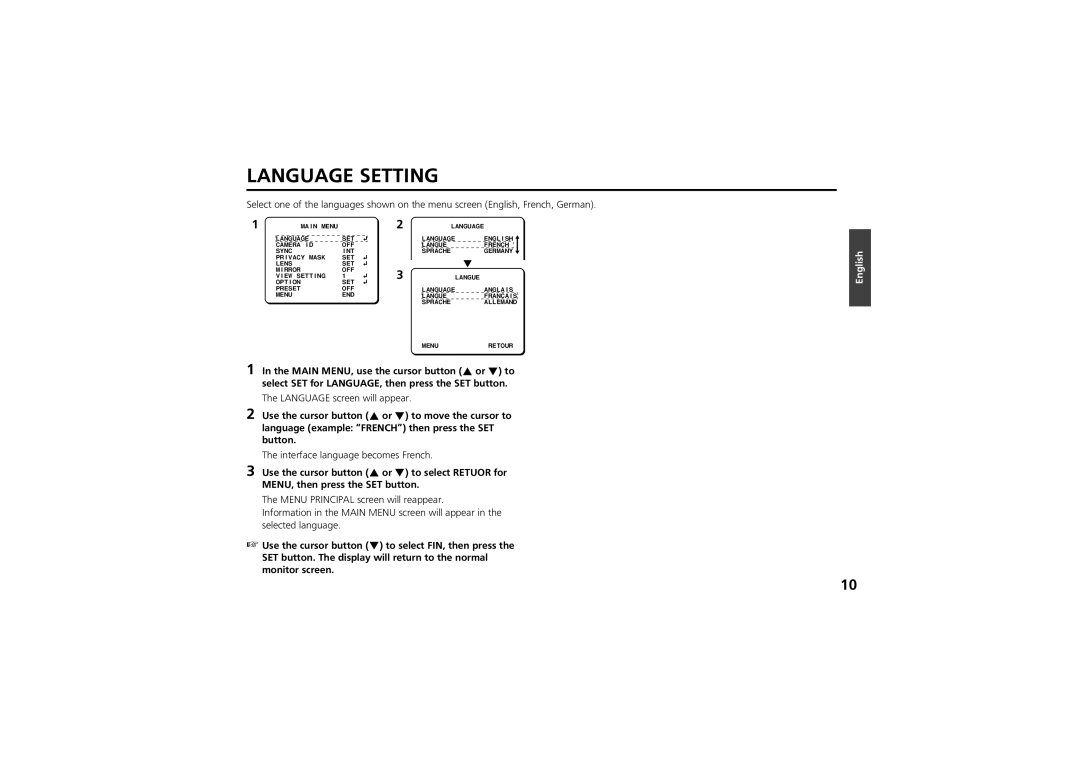 Sanyo vcc-zm300p instruction manual Language Setting, Language screen will appear, Interface language becomes French 