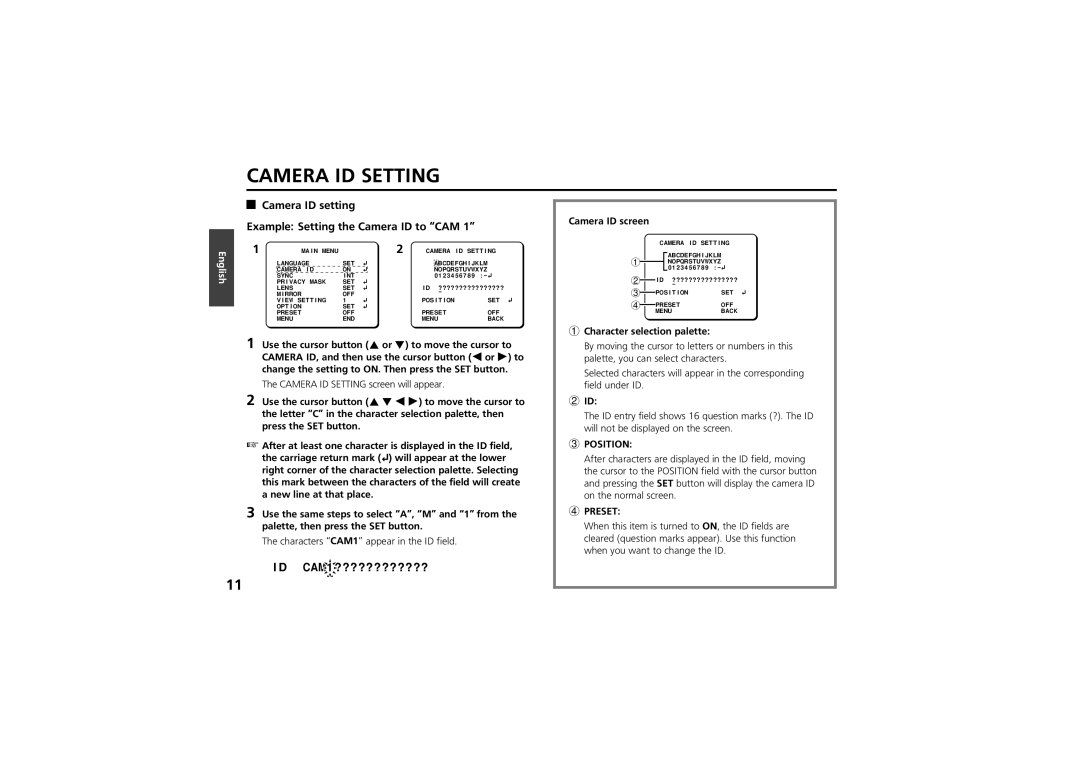 Sanyo vcc-zm300p Camera ID Setting, Camera ID setting Example Setting the Camera ID to CAM, ID CAM 1 ???????????? 